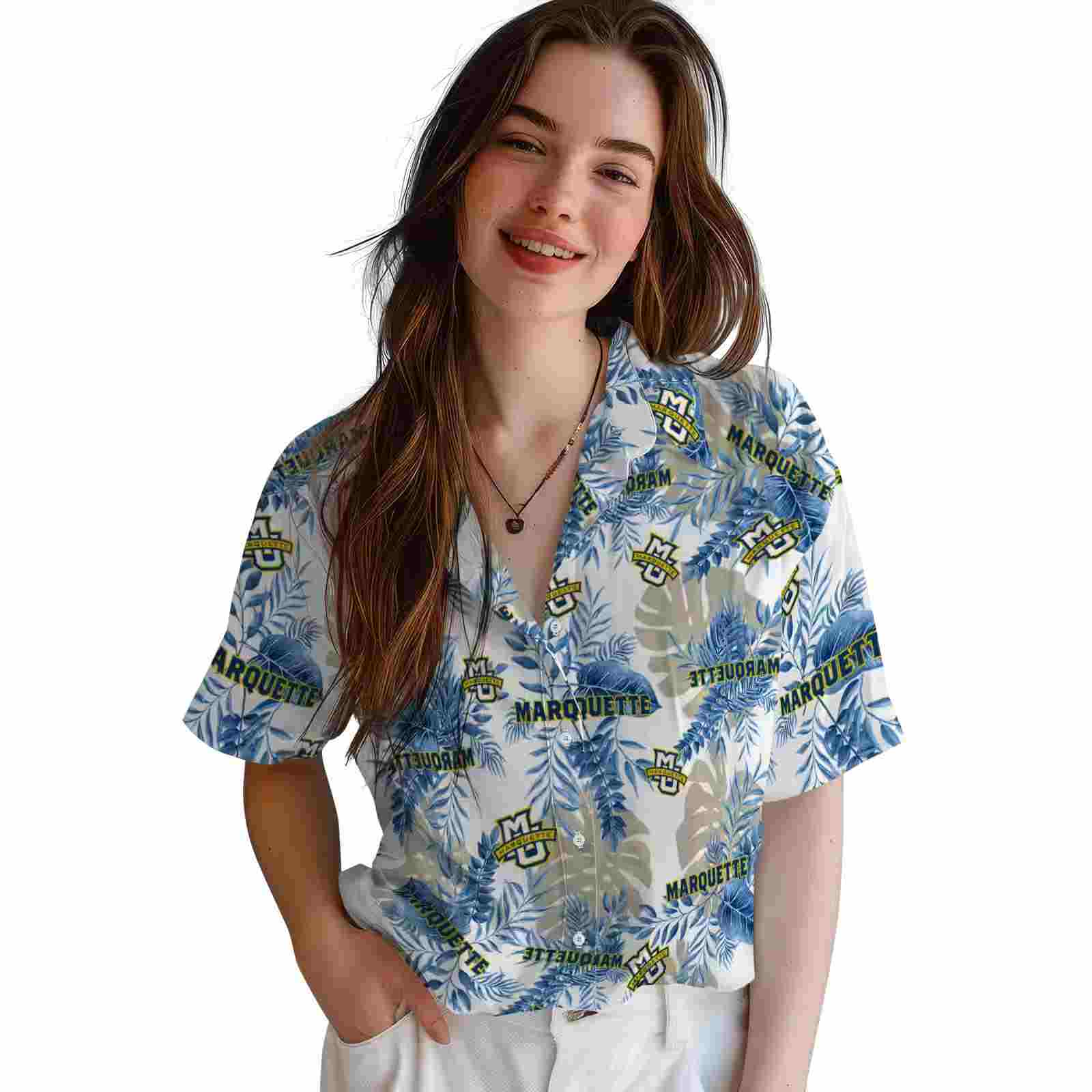 marquette golden eagles tropical leaves blue white hawaiian shirt latest model