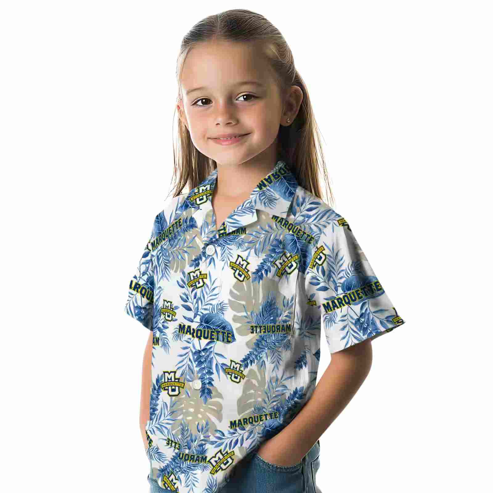 marquette golden eagles tropical leaves blue white hawaiian shirt premium grade