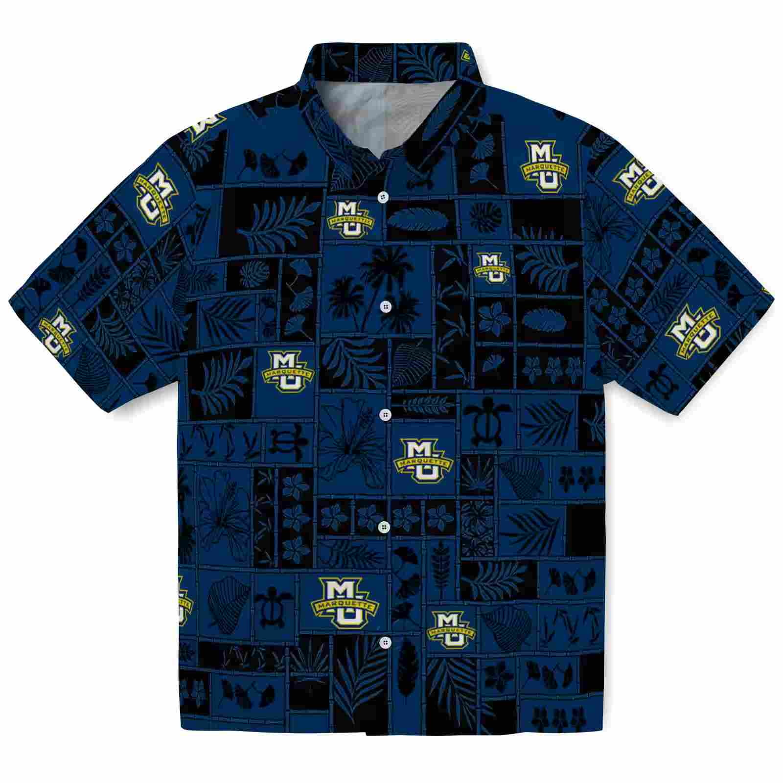 Marquette Golden Eagles Tropical Patchwork Blue Black Hawaiian Shirt