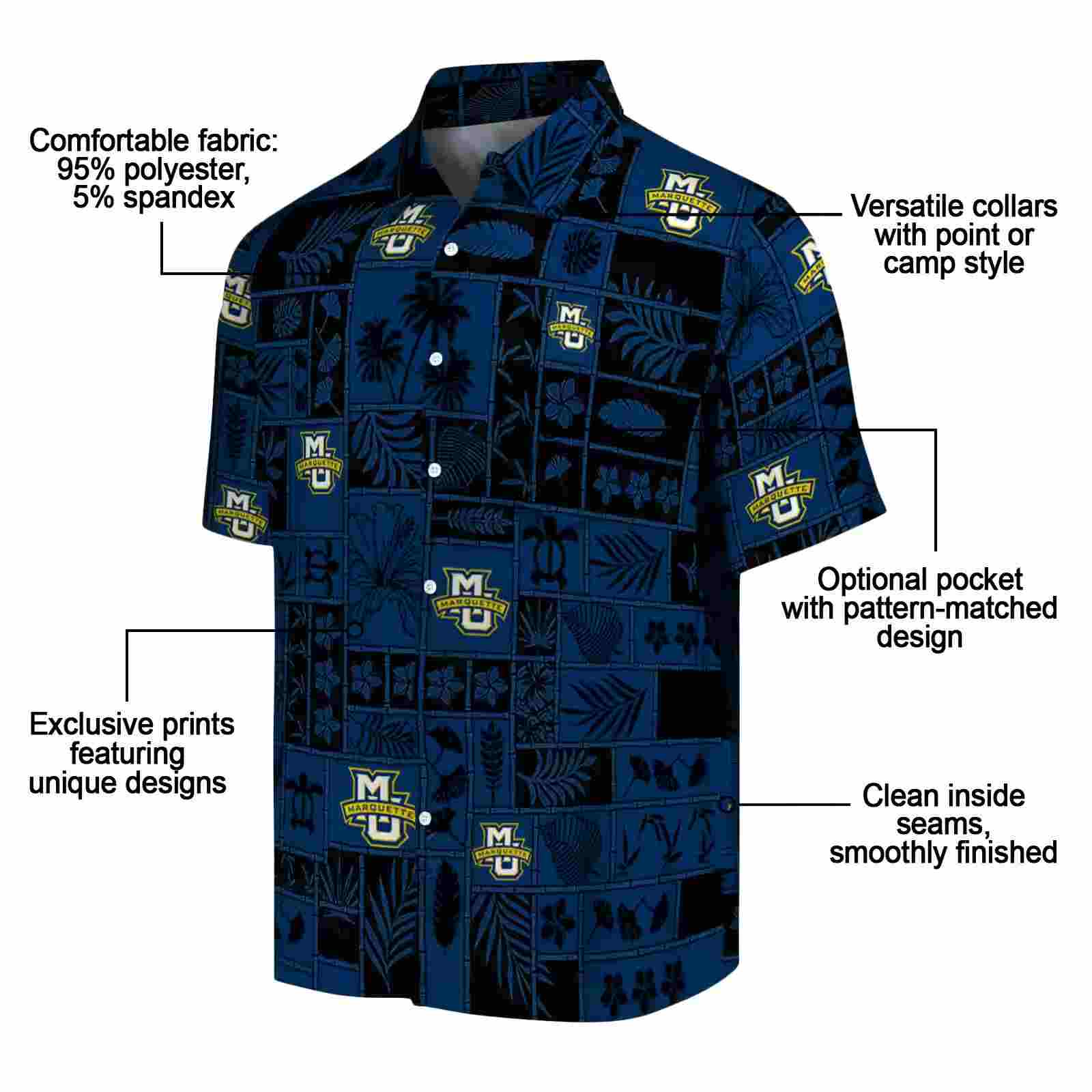 marquette golden eagles tropical patchwork blue black hawaiian shirt new arrival