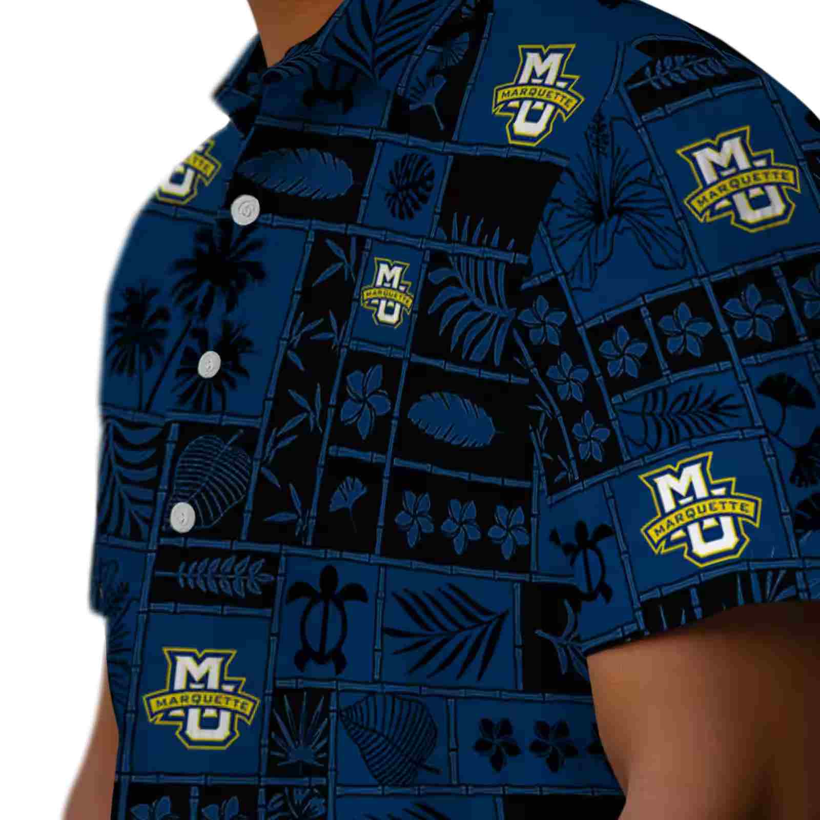 marquette golden eagles tropical patchwork blue black hawaiian shirt trendy