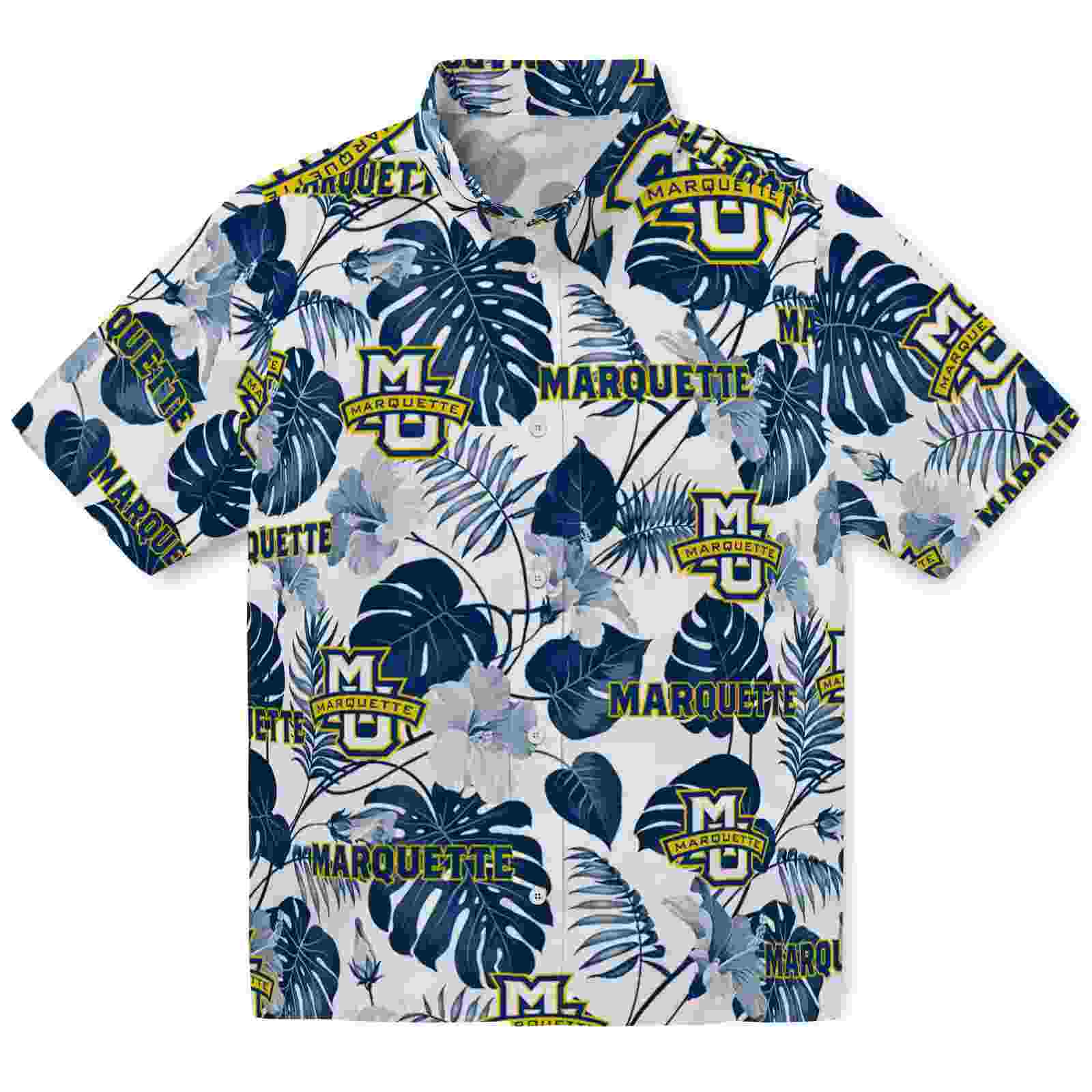 Marquette Golden Eagles Tropical Plants Blue White Hawaiian Shirt