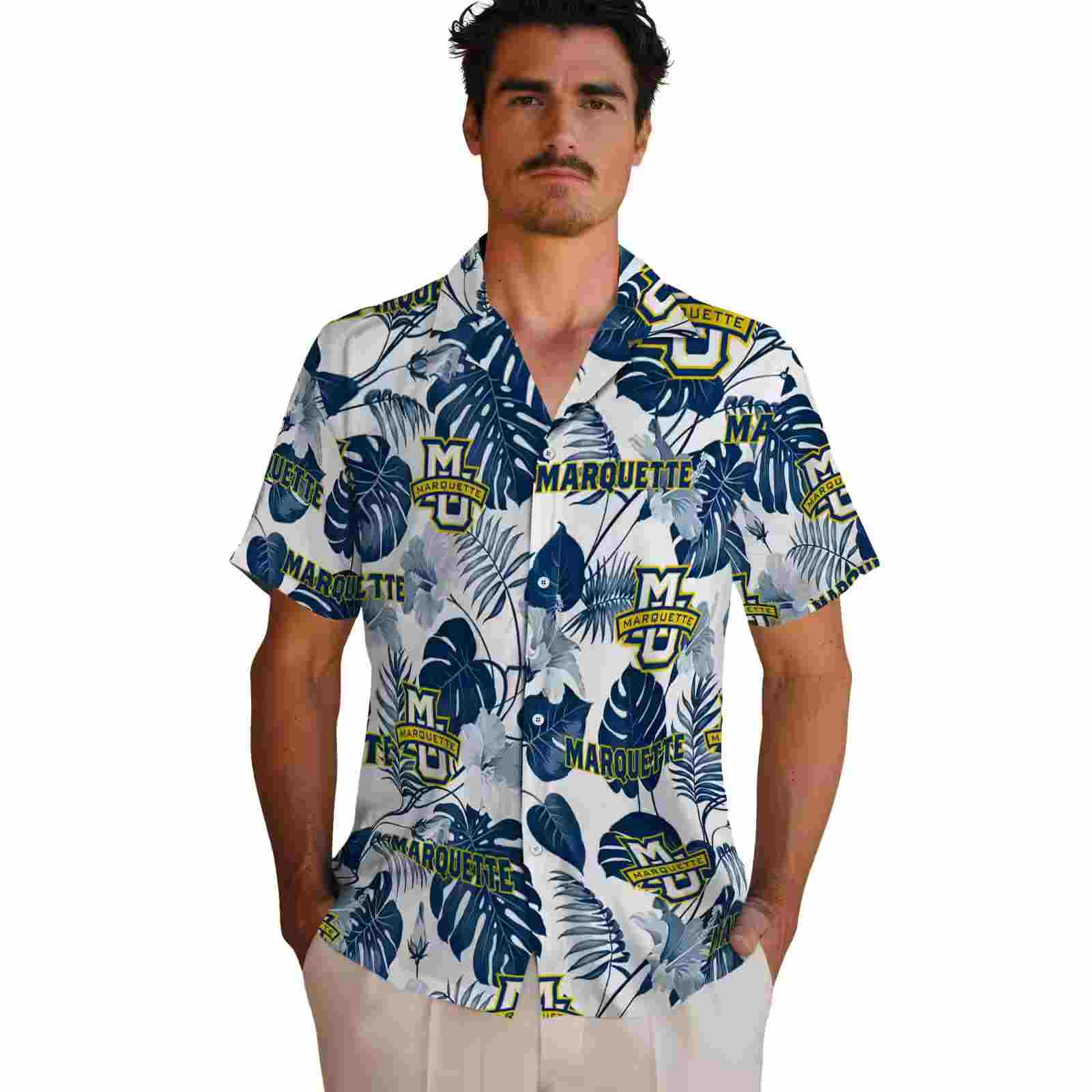 marquette golden eagles tropical plants blue white hawaiian shirt fashion forward