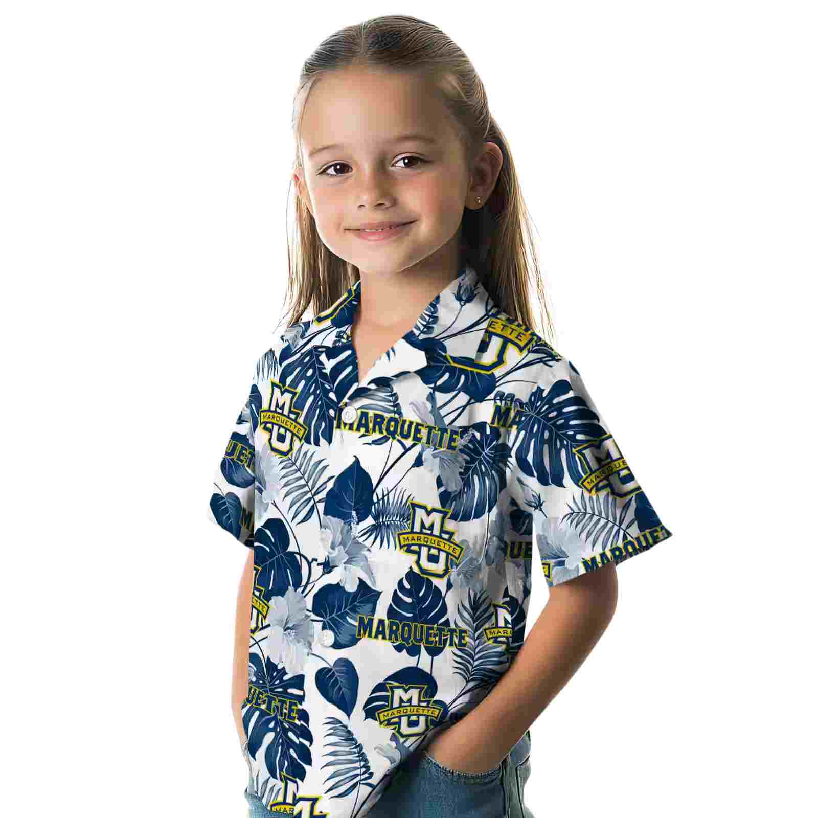 marquette golden eagles tropical plants blue white hawaiian shirt premium grade