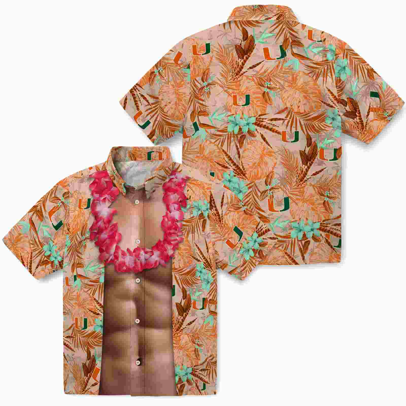 miami hurricanes chest illusion orange hawaiian shirt high quality