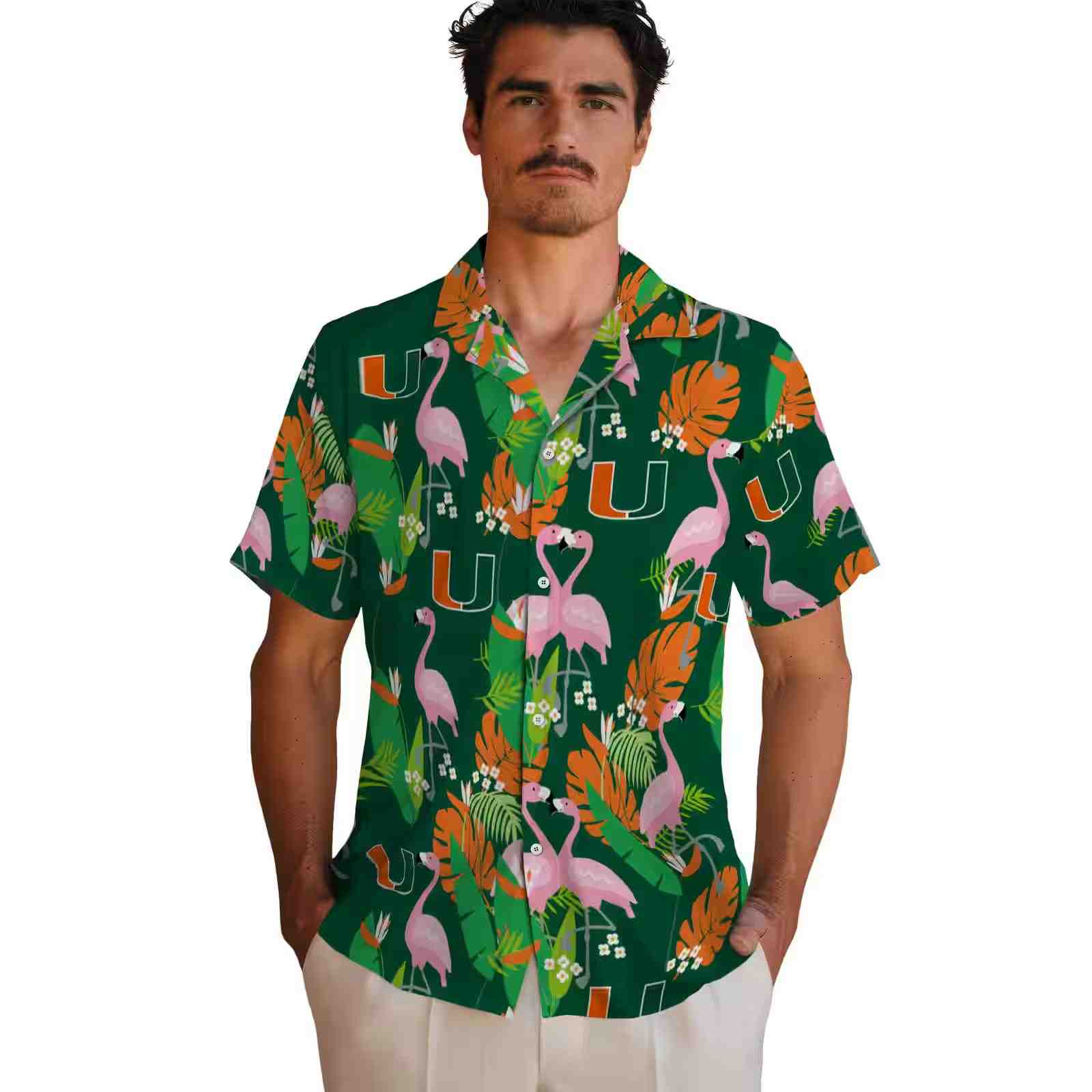 miami hurricanes flamingo foliage orange green hawaiian shirt fashion forward