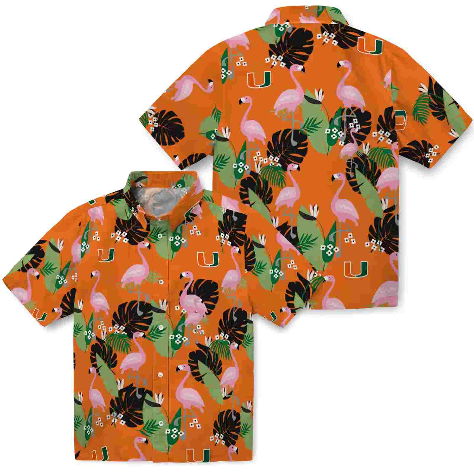 miami hurricanes flamingo leaf motif orange hawaiian shirt high quality