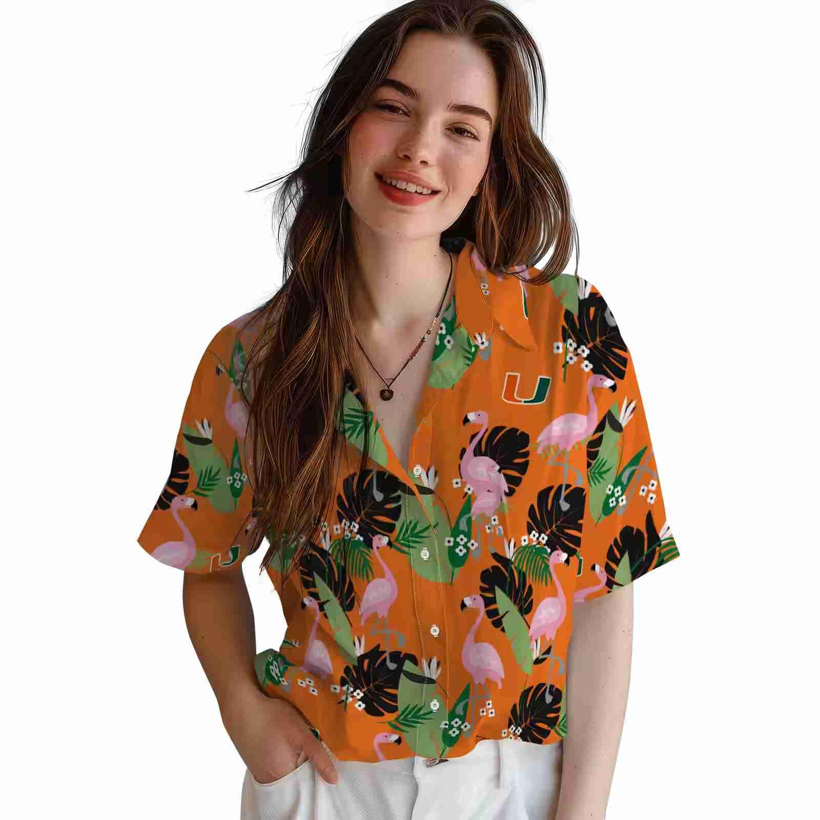 miami hurricanes flamingo leaf motif orange hawaiian shirt latest model