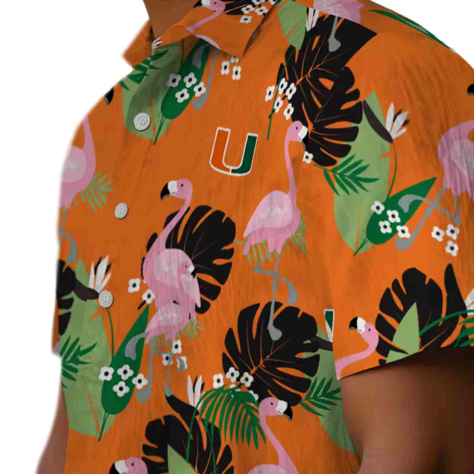 miami hurricanes flamingo leaf motif orange hawaiian shirt trendy