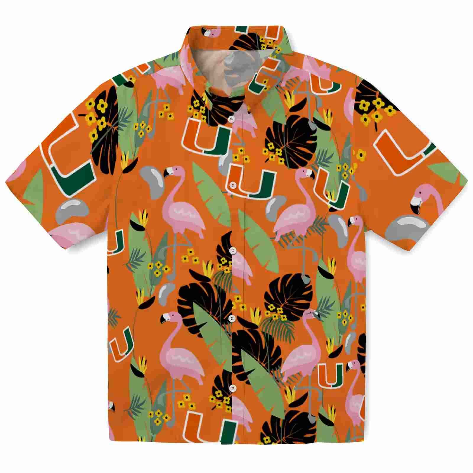 Miami Hurricanes Flamingo Leaves Orange Hawaiian Shirt