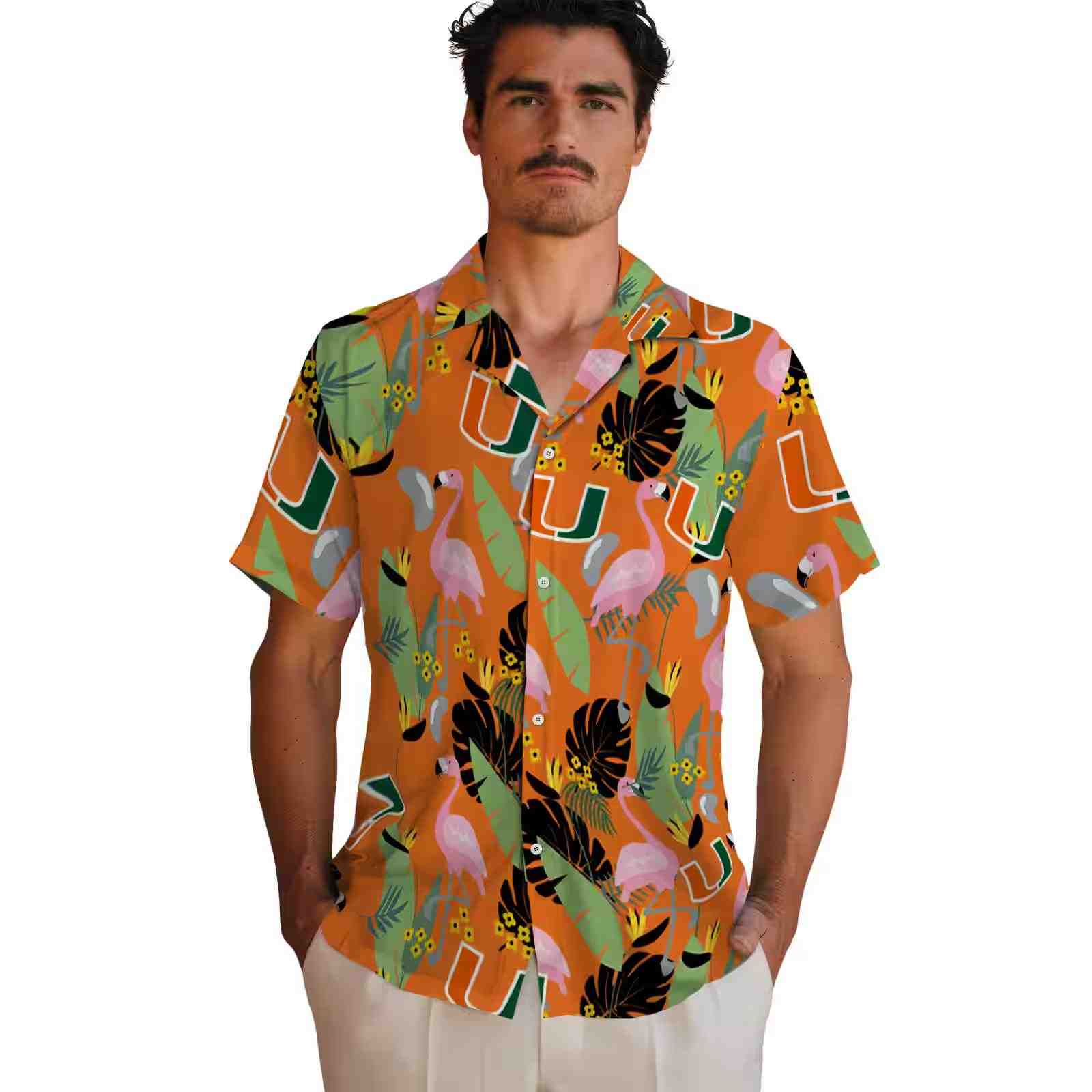 miami hurricanes flamingo leaves orange hawaiian shirt fashion forward