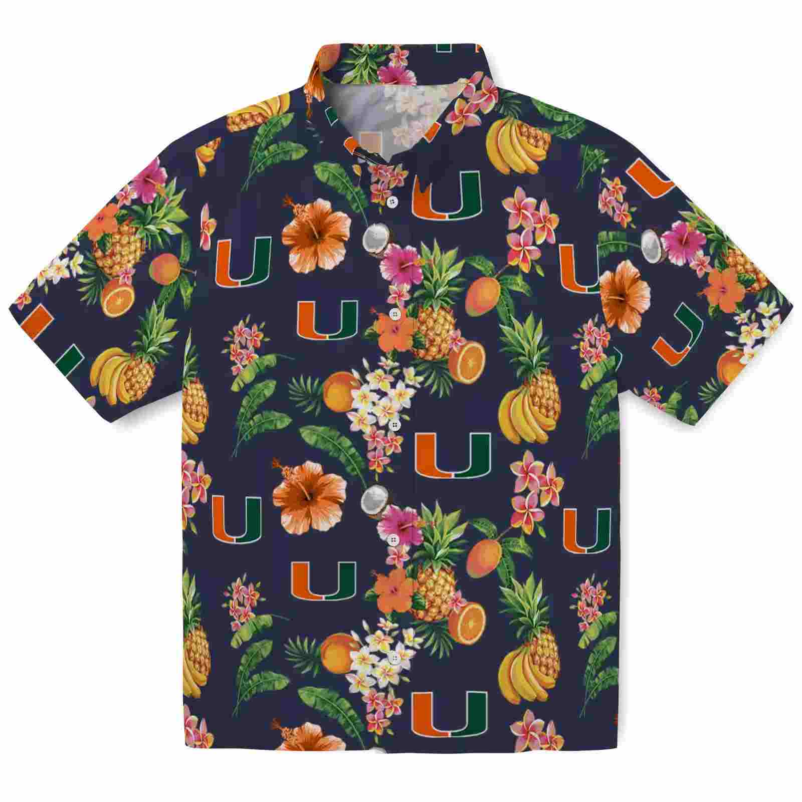 Miami Hurricanes Hibiscus And Fruit Navy Blue Hawaiian Shirt