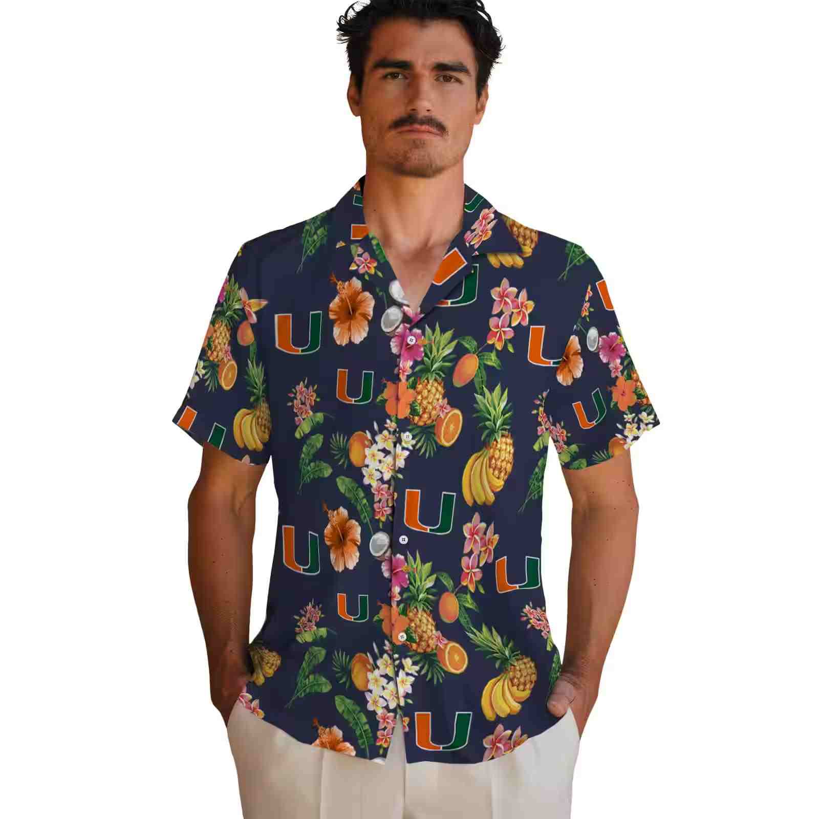 miami hurricanes hibiscus and fruit navy blue hawaiian shirt fashion forward