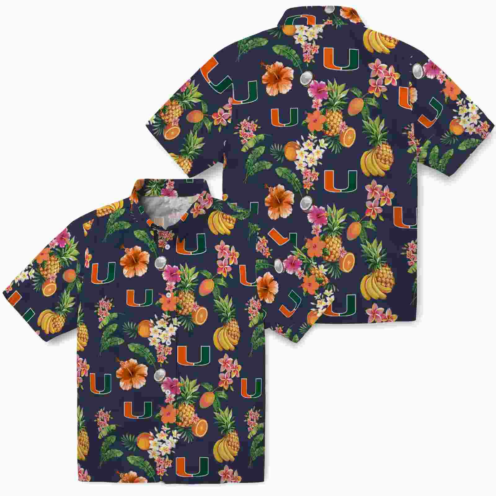 miami hurricanes hibiscus and fruit navy blue hawaiian shirt high quality