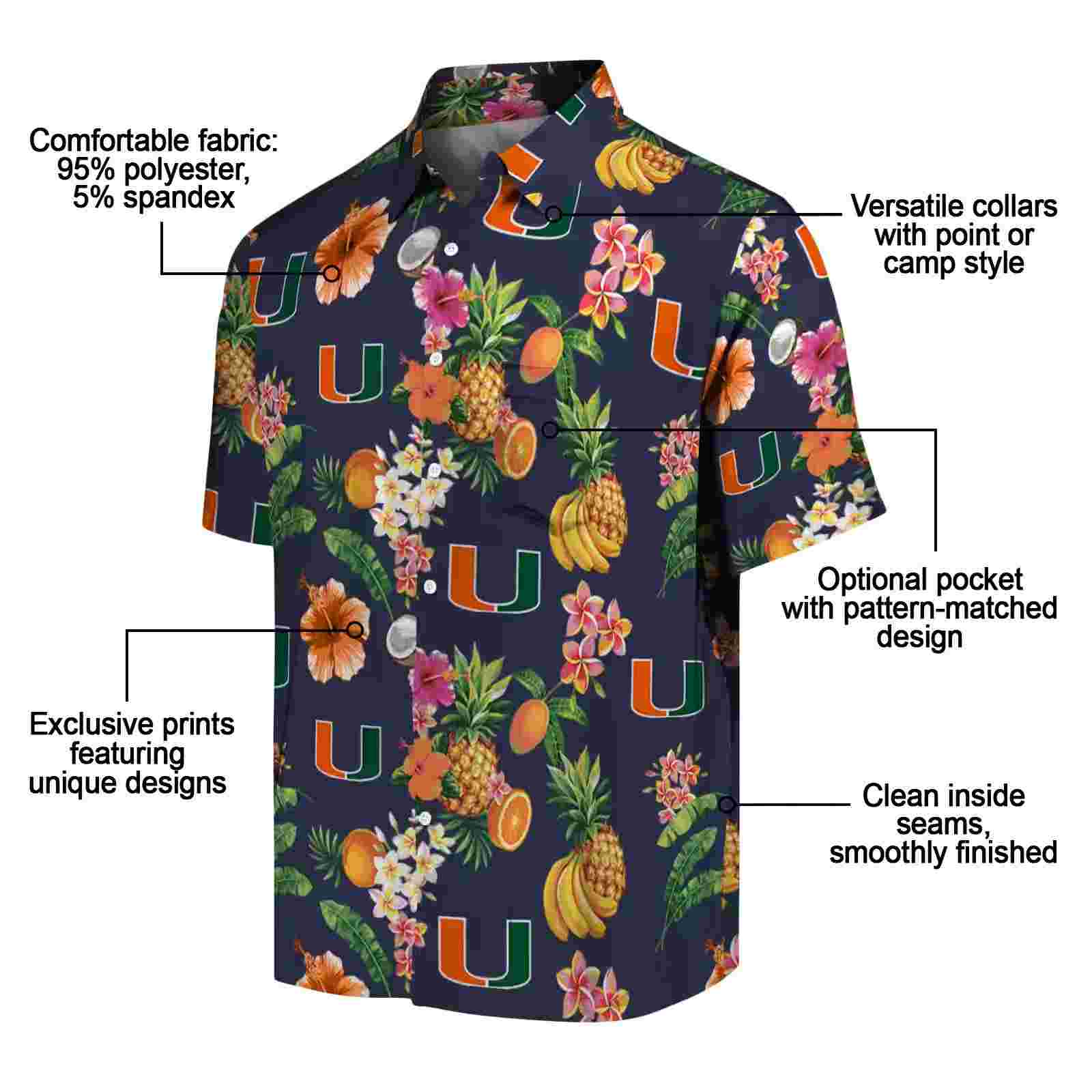 miami hurricanes hibiscus and fruit navy blue hawaiian shirt new arrival