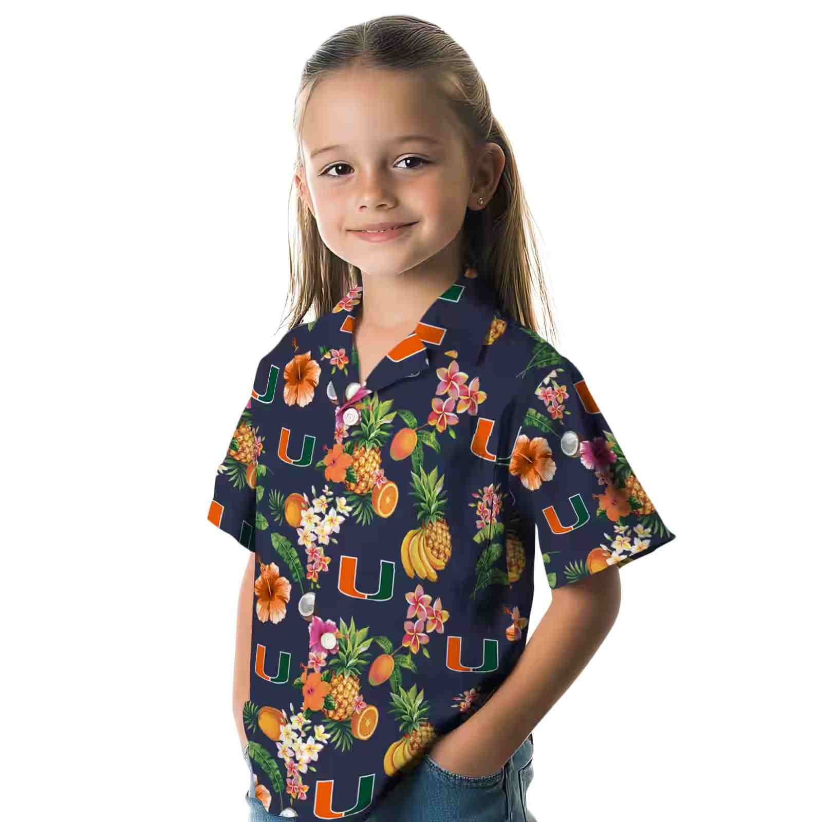 miami hurricanes hibiscus and fruit navy blue hawaiian shirt premium grade