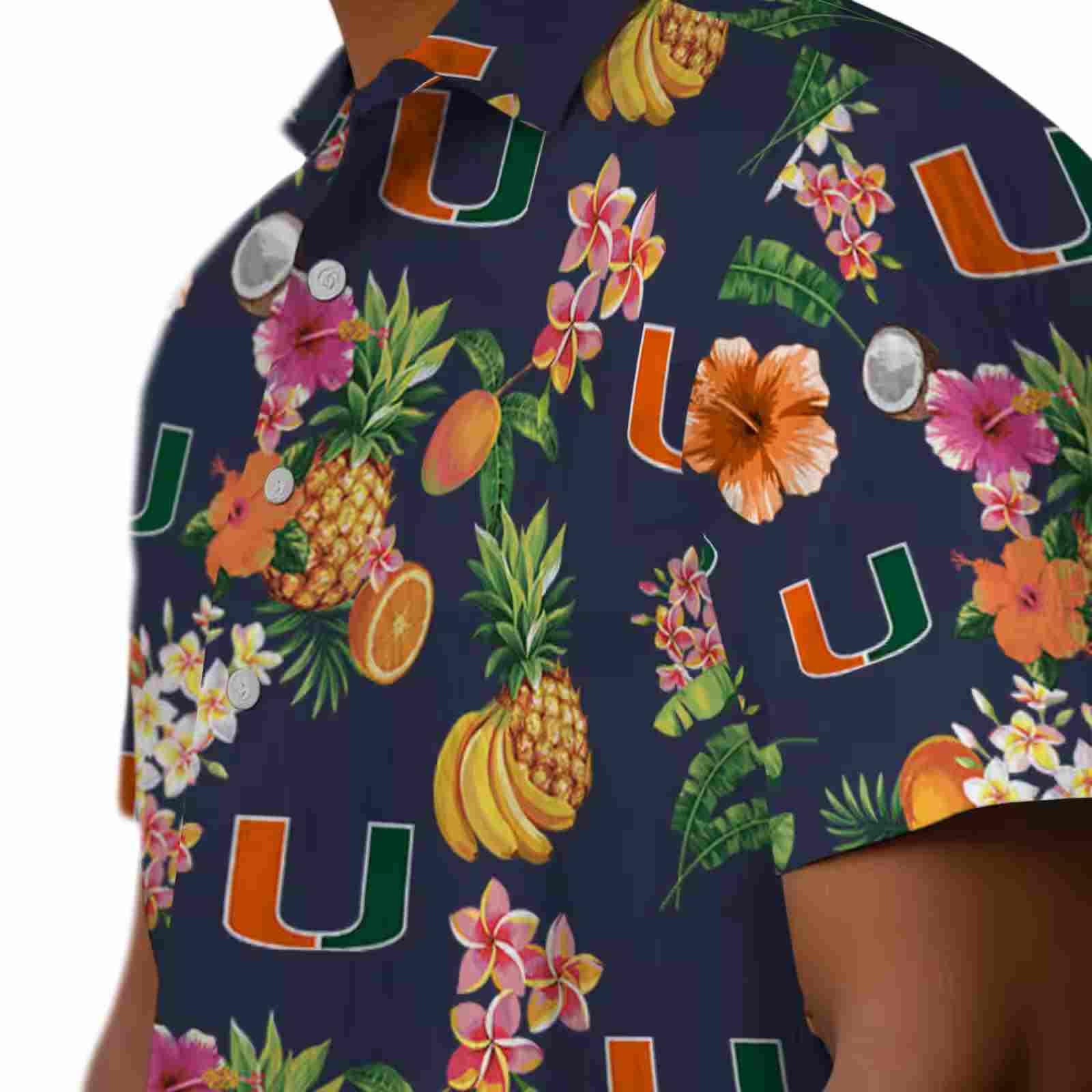 miami hurricanes hibiscus and fruit navy blue hawaiian shirt trendy