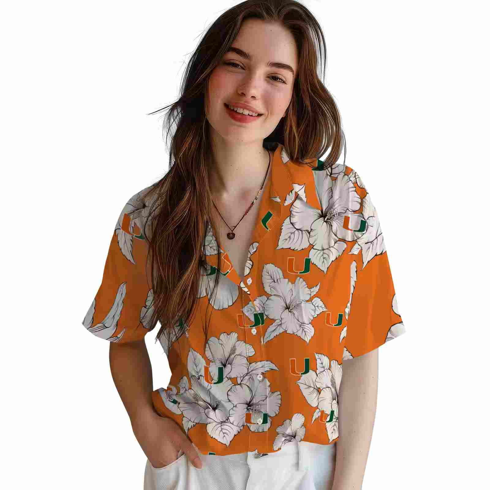 miami hurricanes hibiscus blooms orange white hawaiian shirt latest model