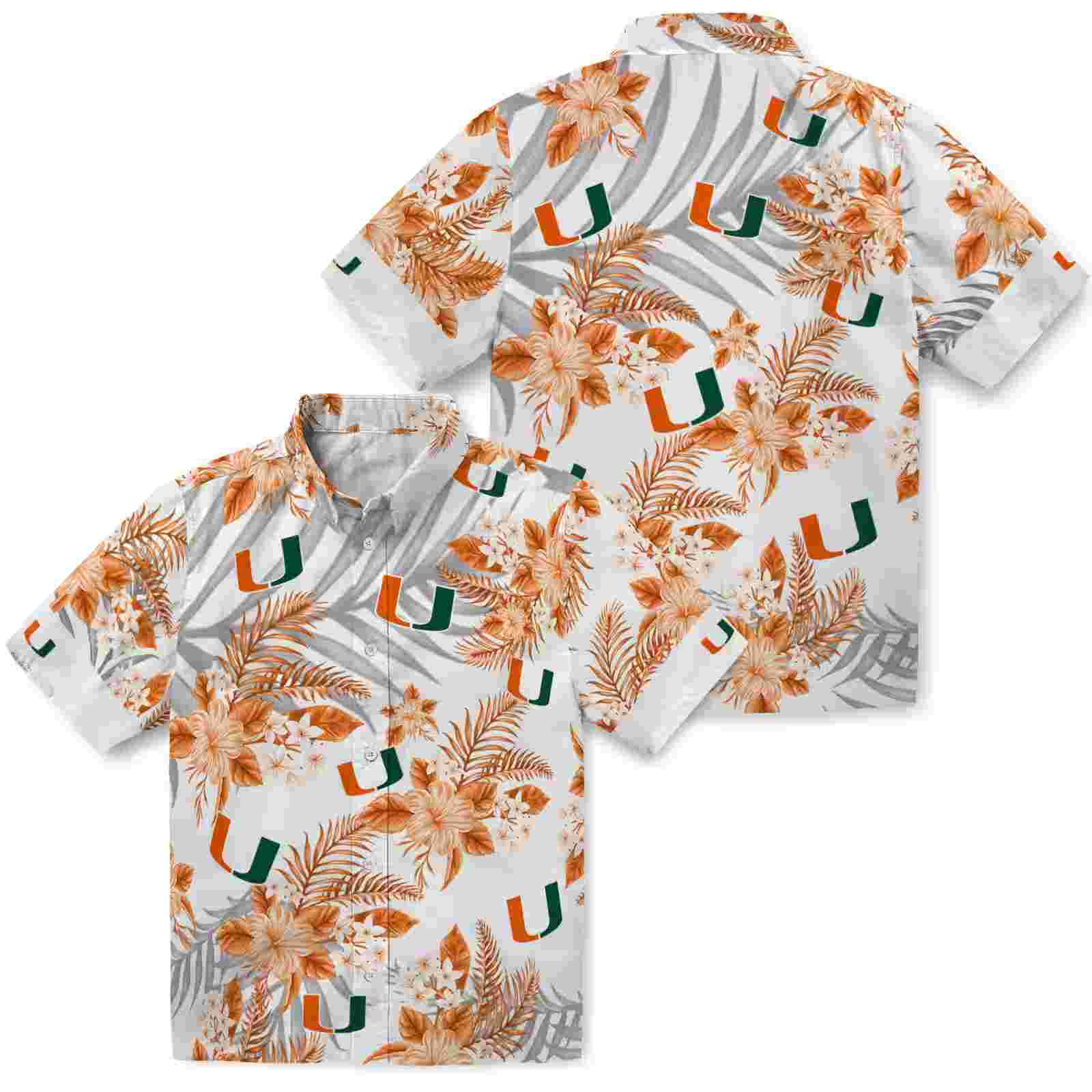 miami hurricanes hibiscus palm leaves orange white hawaiian shirt high quality