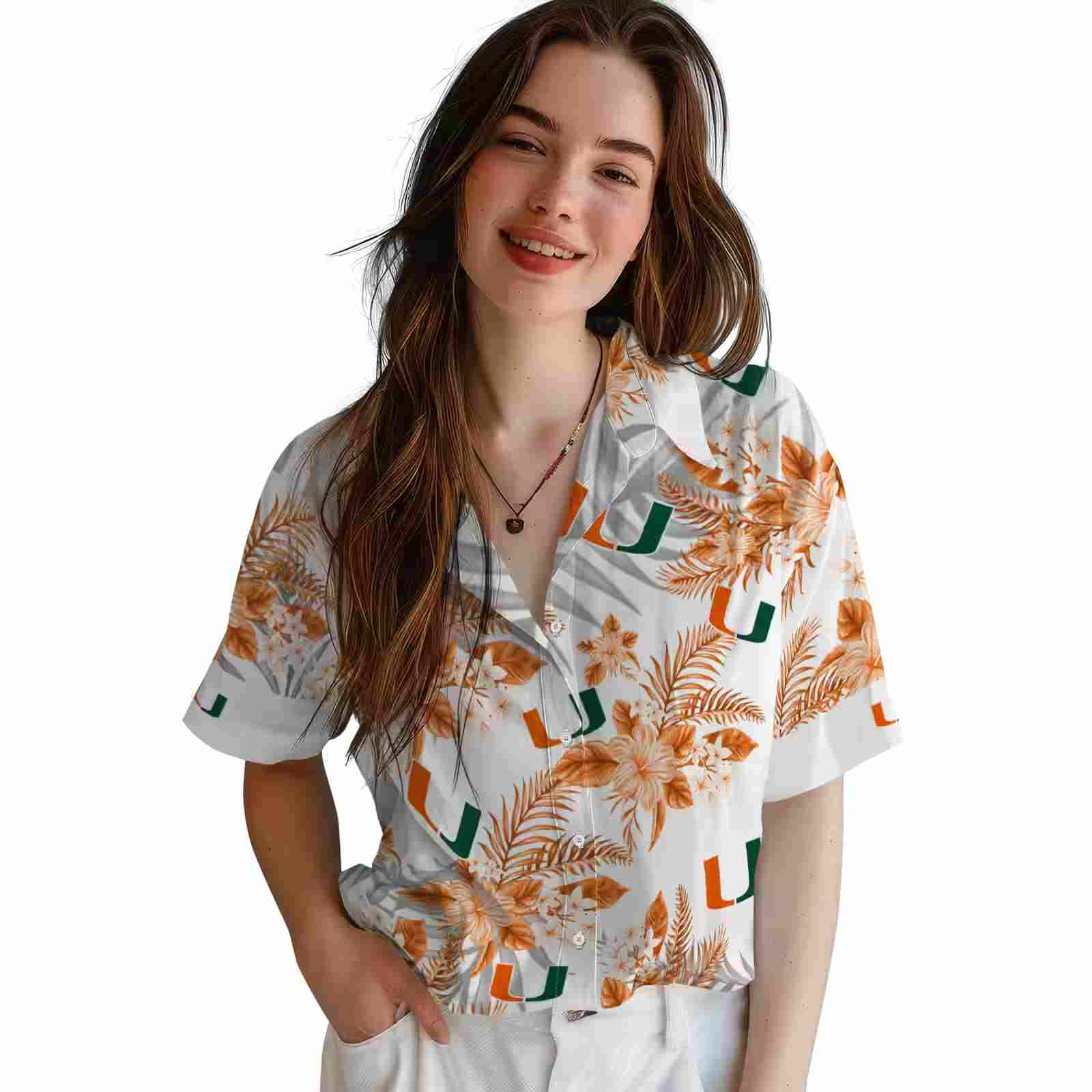 miami hurricanes hibiscus palm leaves orange white hawaiian shirt latest model