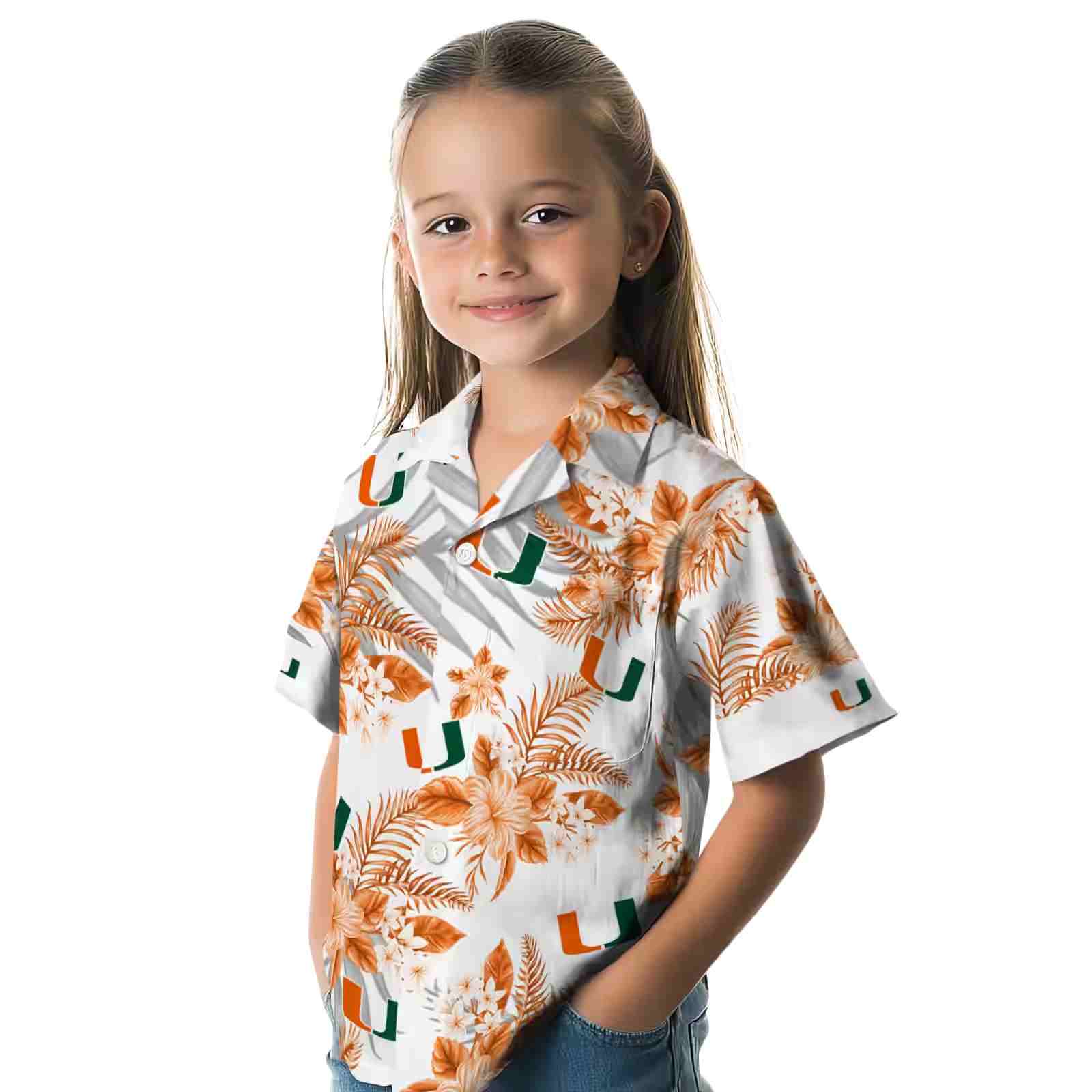 miami hurricanes hibiscus palm leaves orange white hawaiian shirt premium grade