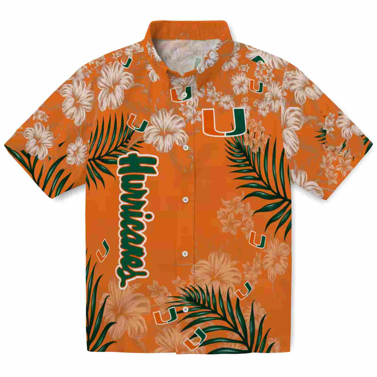 Miami Hurricanes Hibiscus Print Orange Hawaiian Shirt