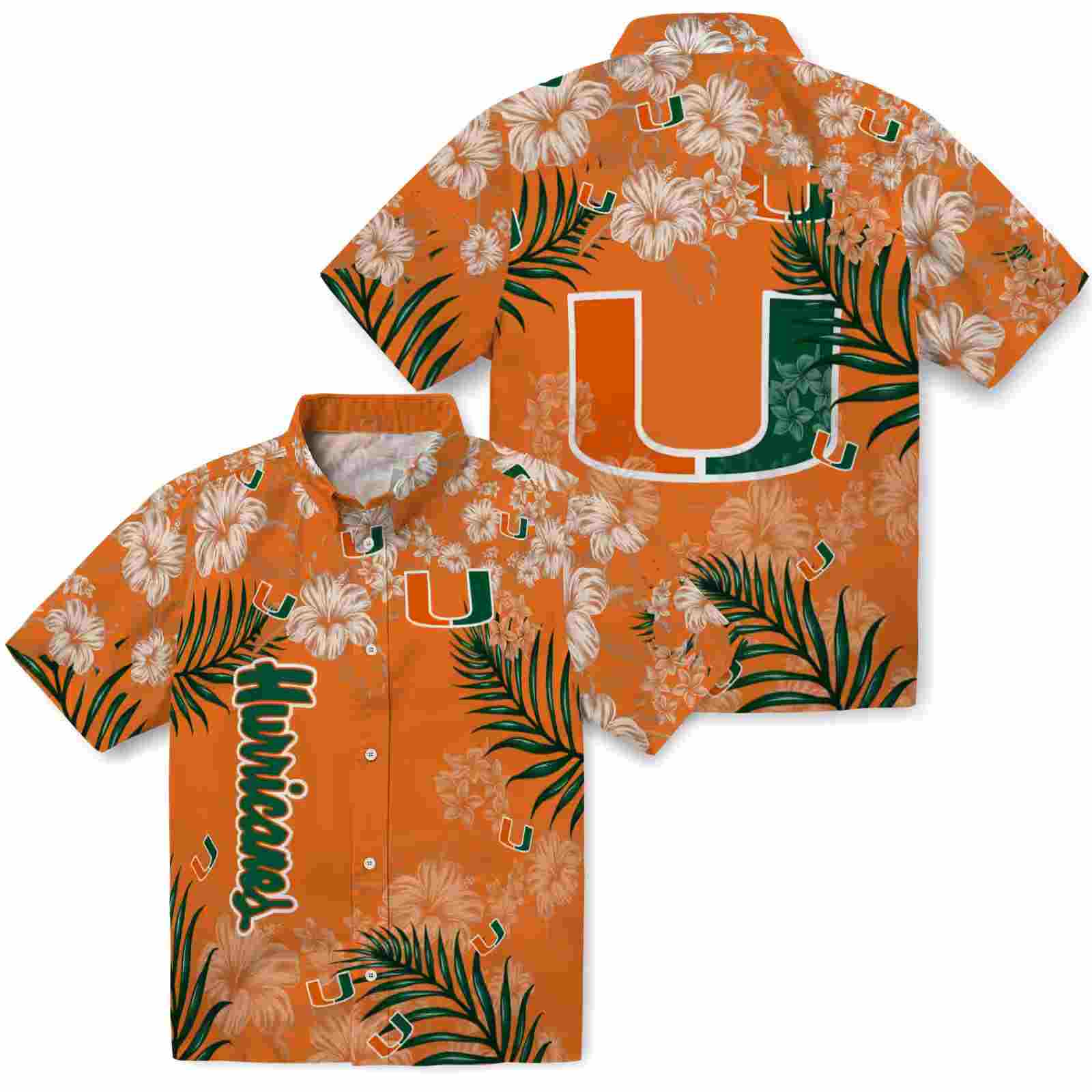 miami hurricanes hibiscus print orange hawaiian shirt high quality