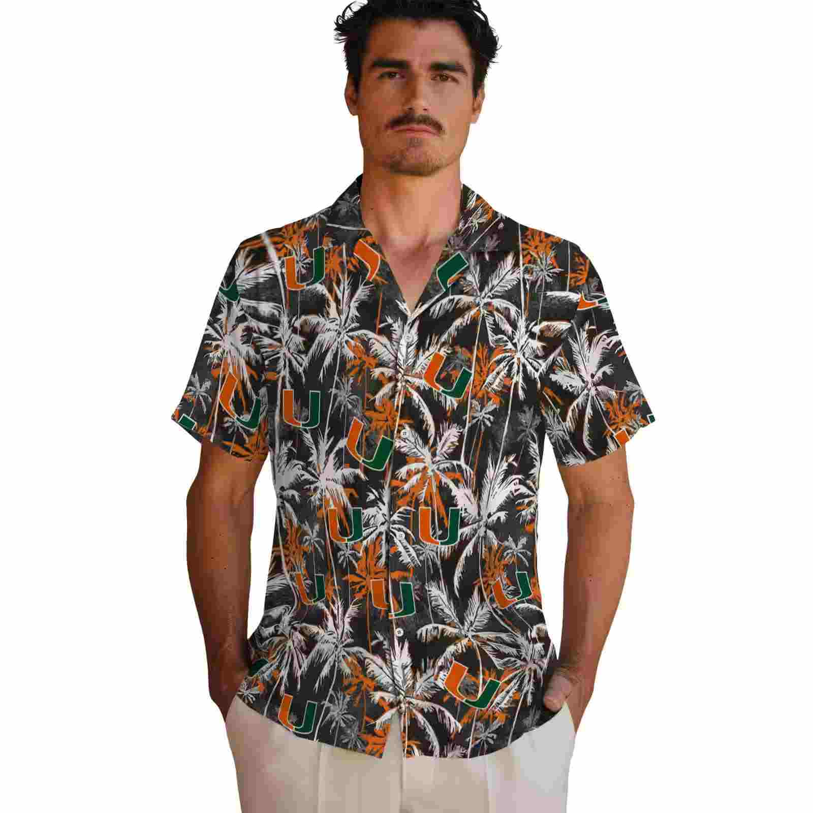 miami hurricanes palm pattern orange black hawaiian shirt fashion forward