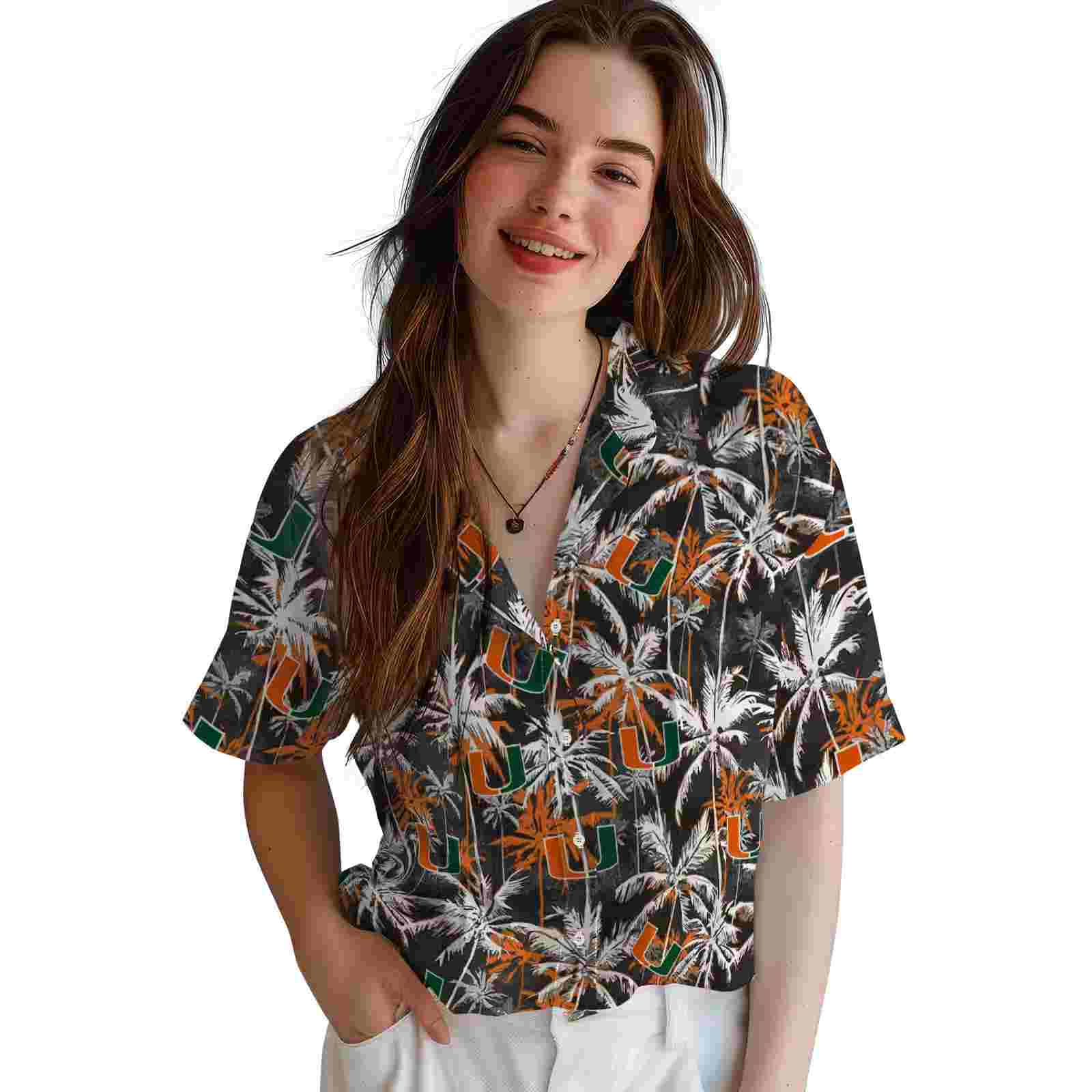 miami hurricanes palm pattern orange black hawaiian shirt latest model