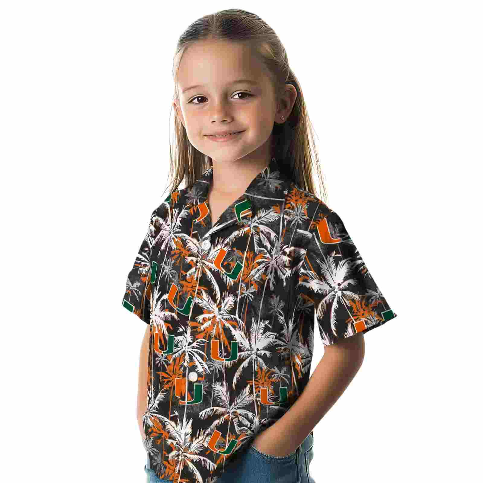 miami hurricanes palm pattern orange black hawaiian shirt premium grade