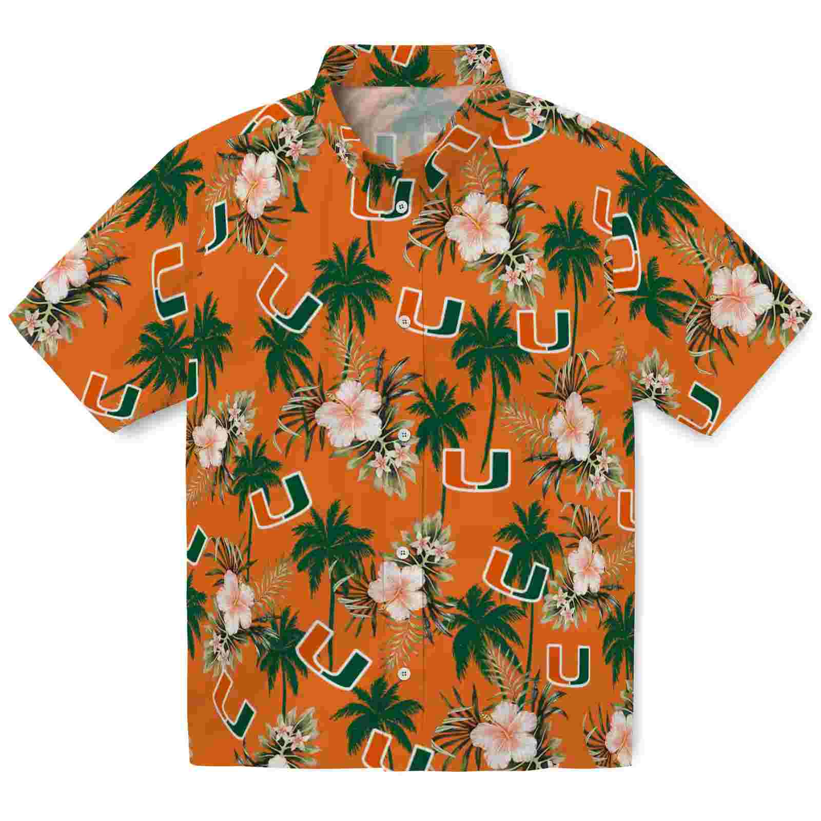 Miami Hurricanes Palm Tree Flower Orange Hawaiian Shirt