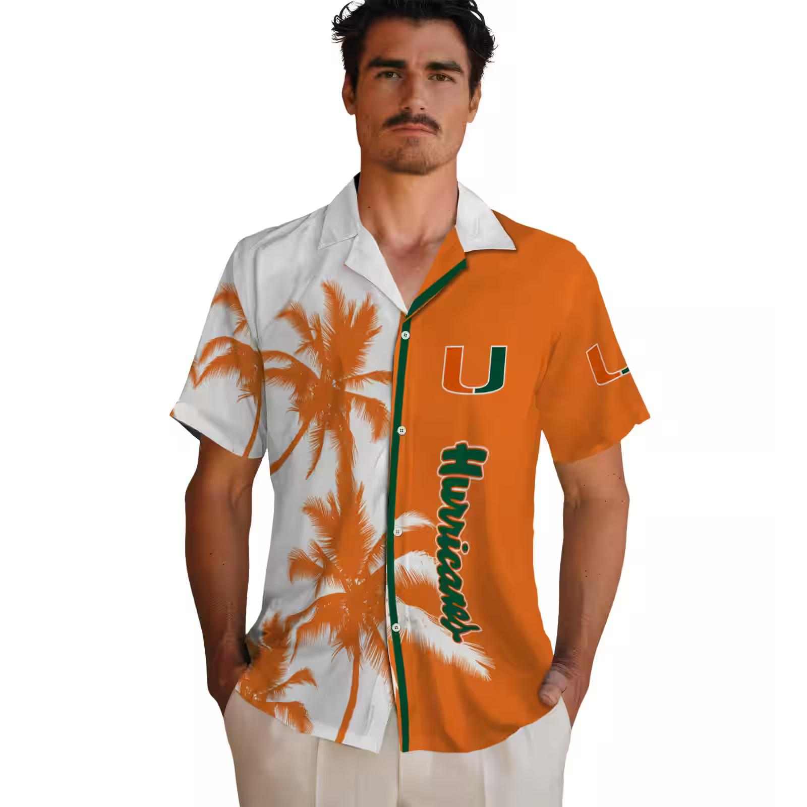 miami hurricanes palm trees orange white hawaiian shirt fashion forward