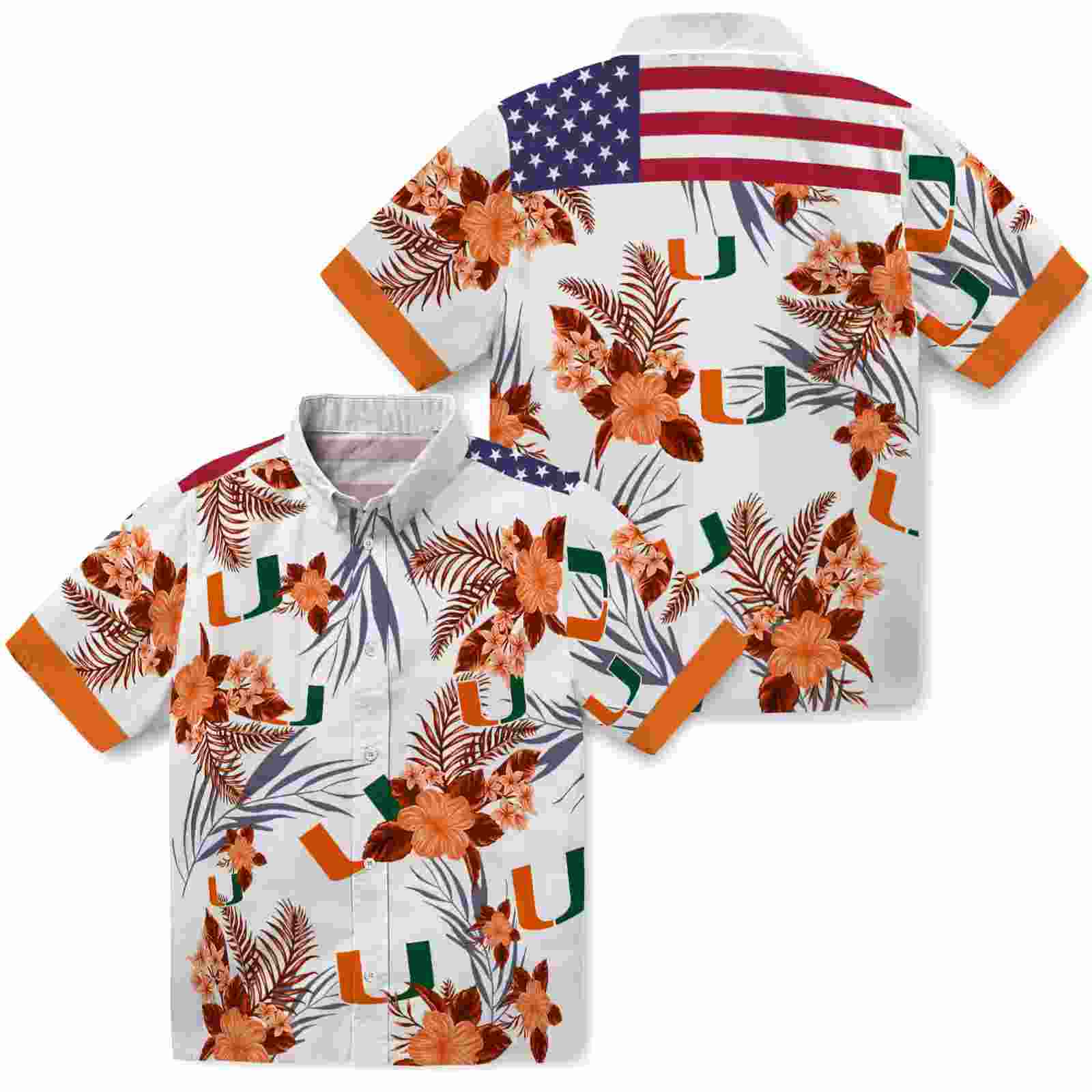 miami hurricanes patriotic hibiscus design orange white hawaiian shirt high quality