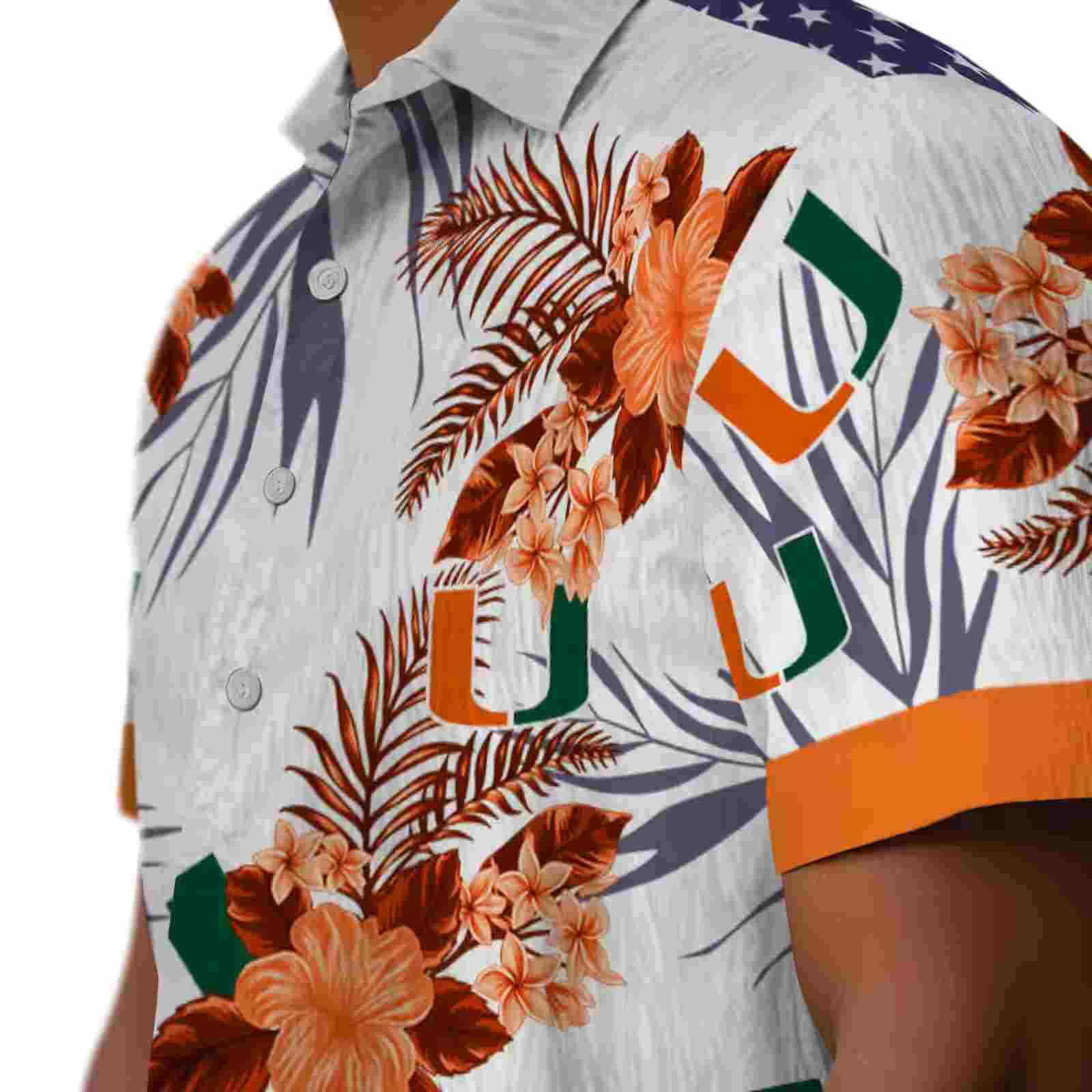 miami hurricanes patriotic hibiscus design orange white hawaiian shirt trendy