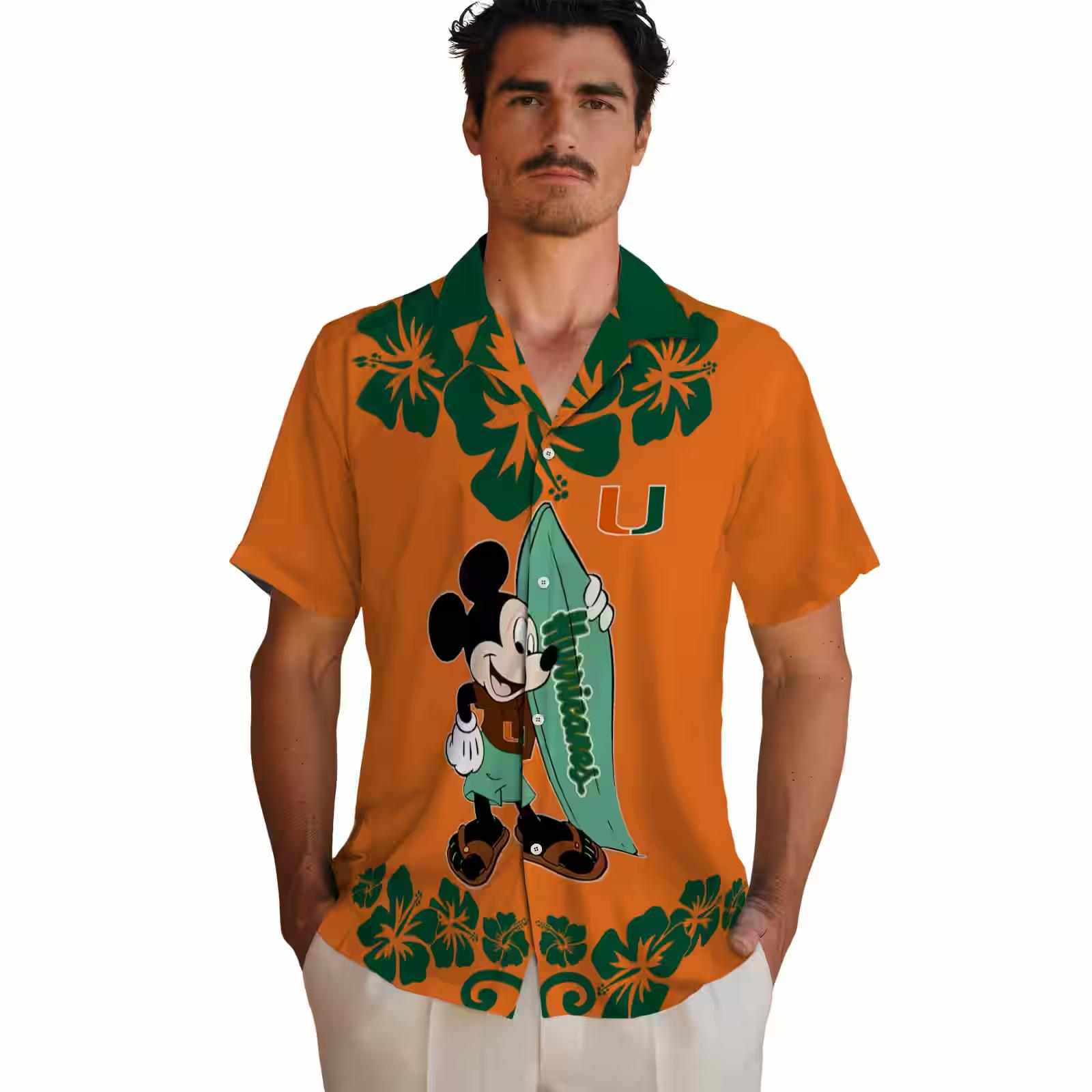 miami hurricanes surfing mickey orange hawaiian shirt fashion forward