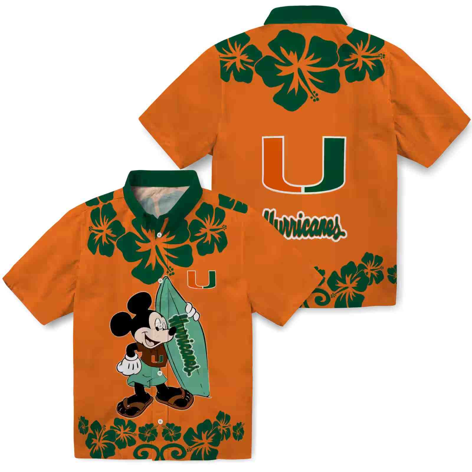 miami hurricanes surfing mickey orange hawaiian shirt high quality