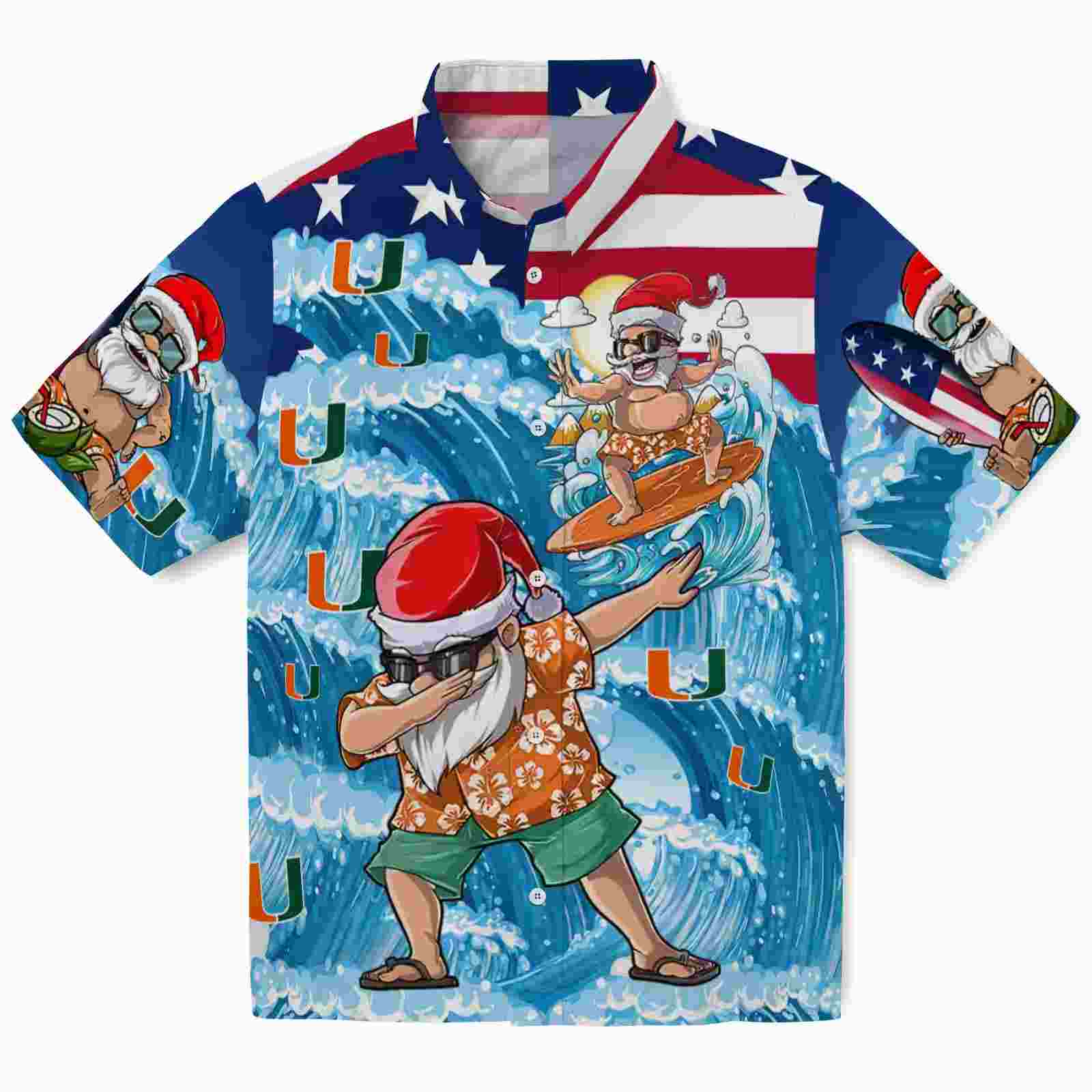 Miami Hurricanes Surfing Santa Blue Hawaiian Shirt