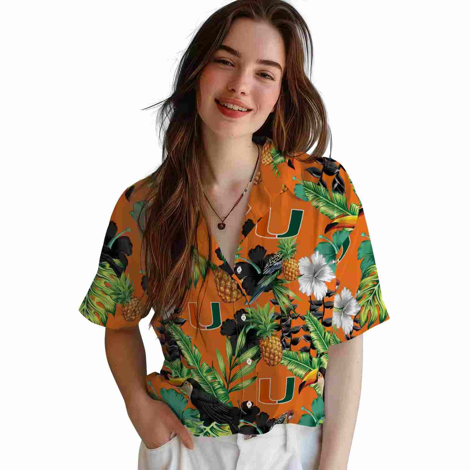 miami hurricanes toucan hibiscus pineapple orange green hawaiian shirt latest model