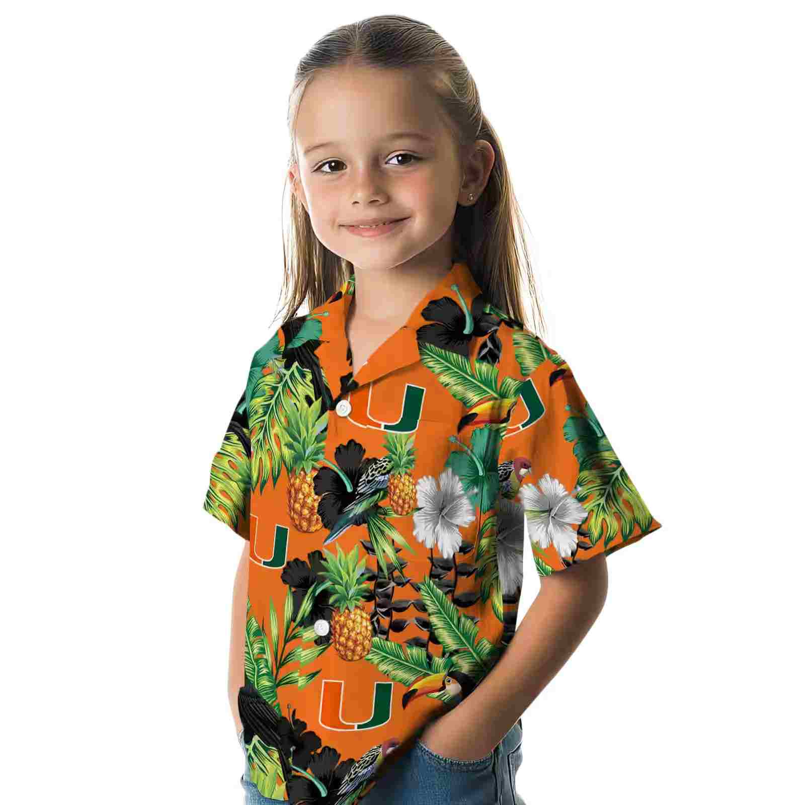 miami hurricanes toucan hibiscus pineapple orange green hawaiian shirt premium grade