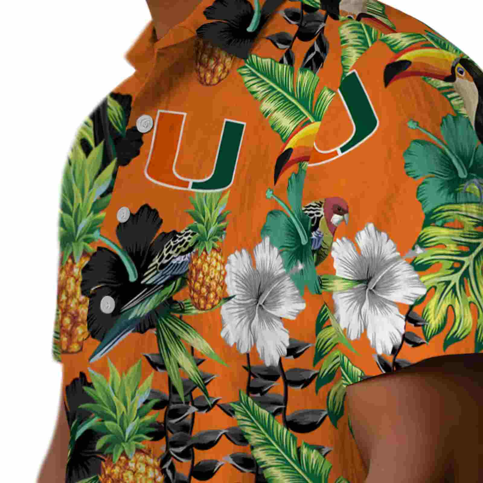 miami hurricanes toucan hibiscus pineapple orange green hawaiian shirt trendy