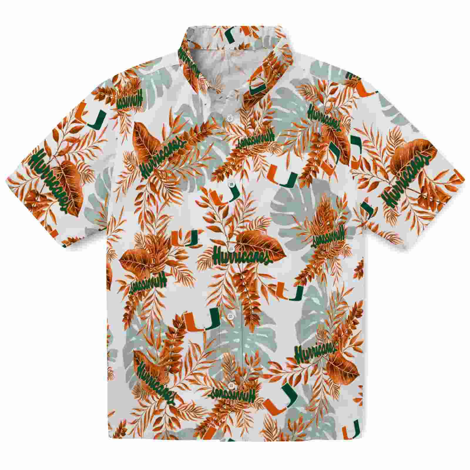 Miami Hurricanes Tropical Leaves Orange White Hawaiian Shirt