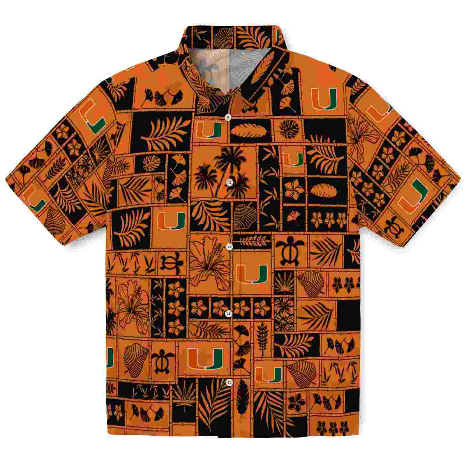 Miami Hurricanes Tropical Patchwork Orange Black Hawaiian Shirt