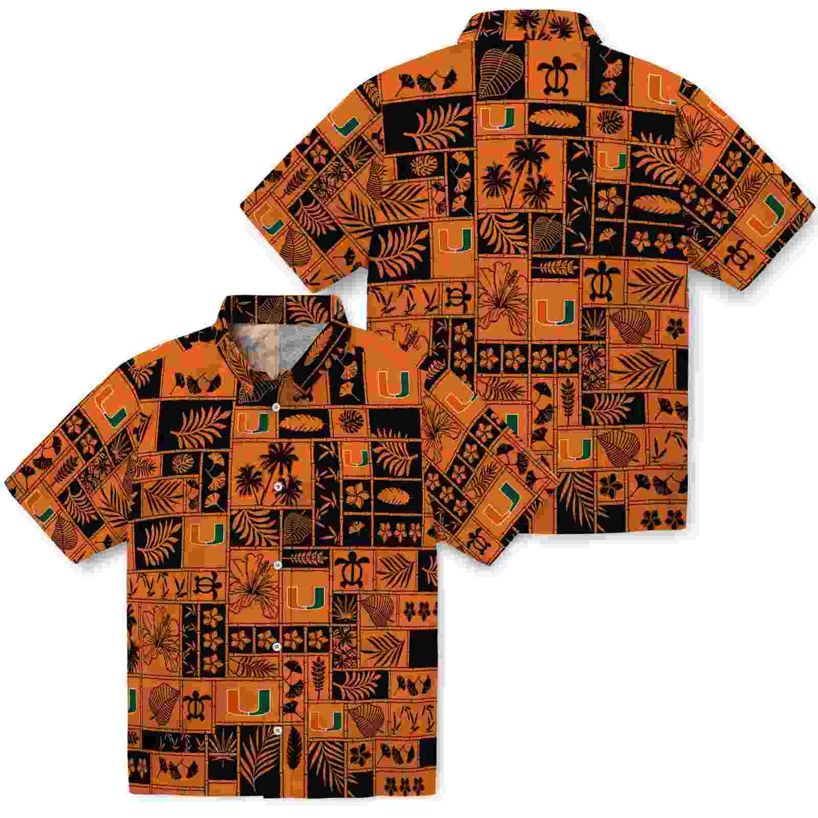 miami hurricanes tropical patchwork orange black hawaiian shirt high quality