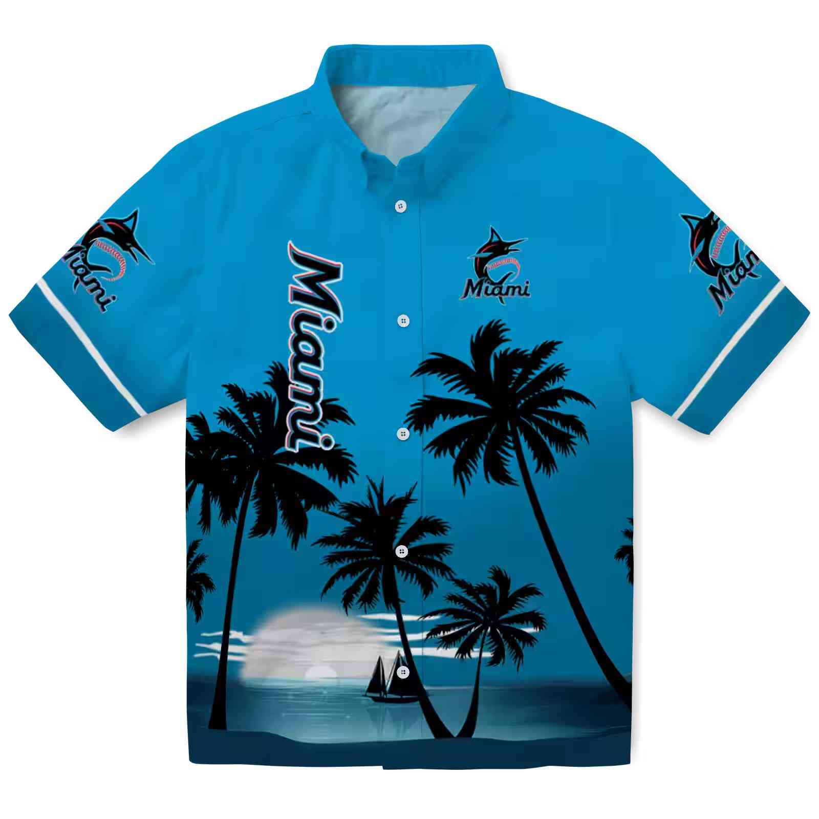 Miami Marlins Beach Sunset Blue Black Hawaiian Shirt