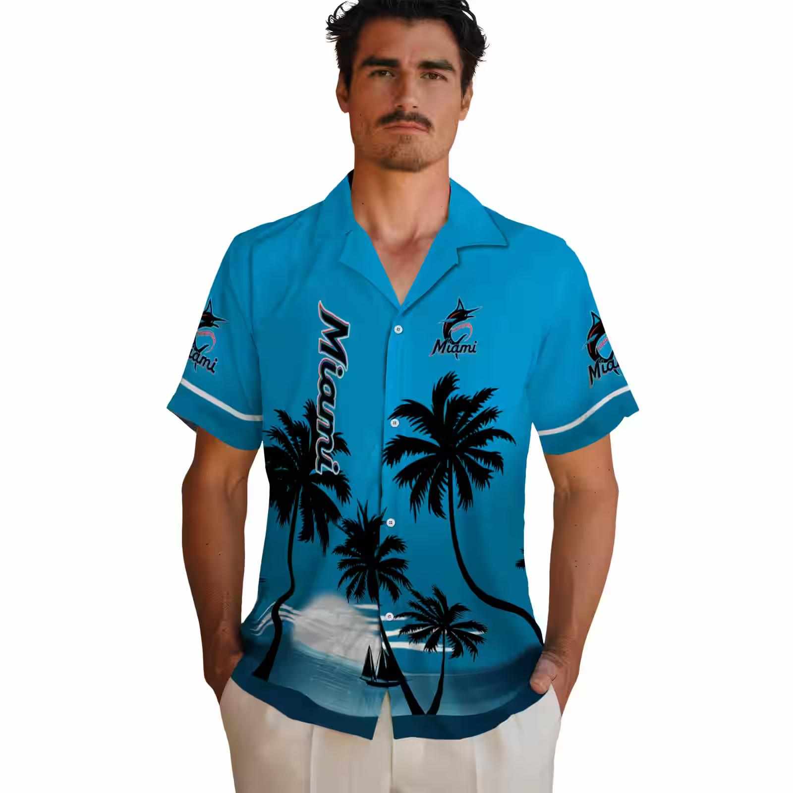 miami marlins beach sunset blue black hawaiian shirt fashion forward