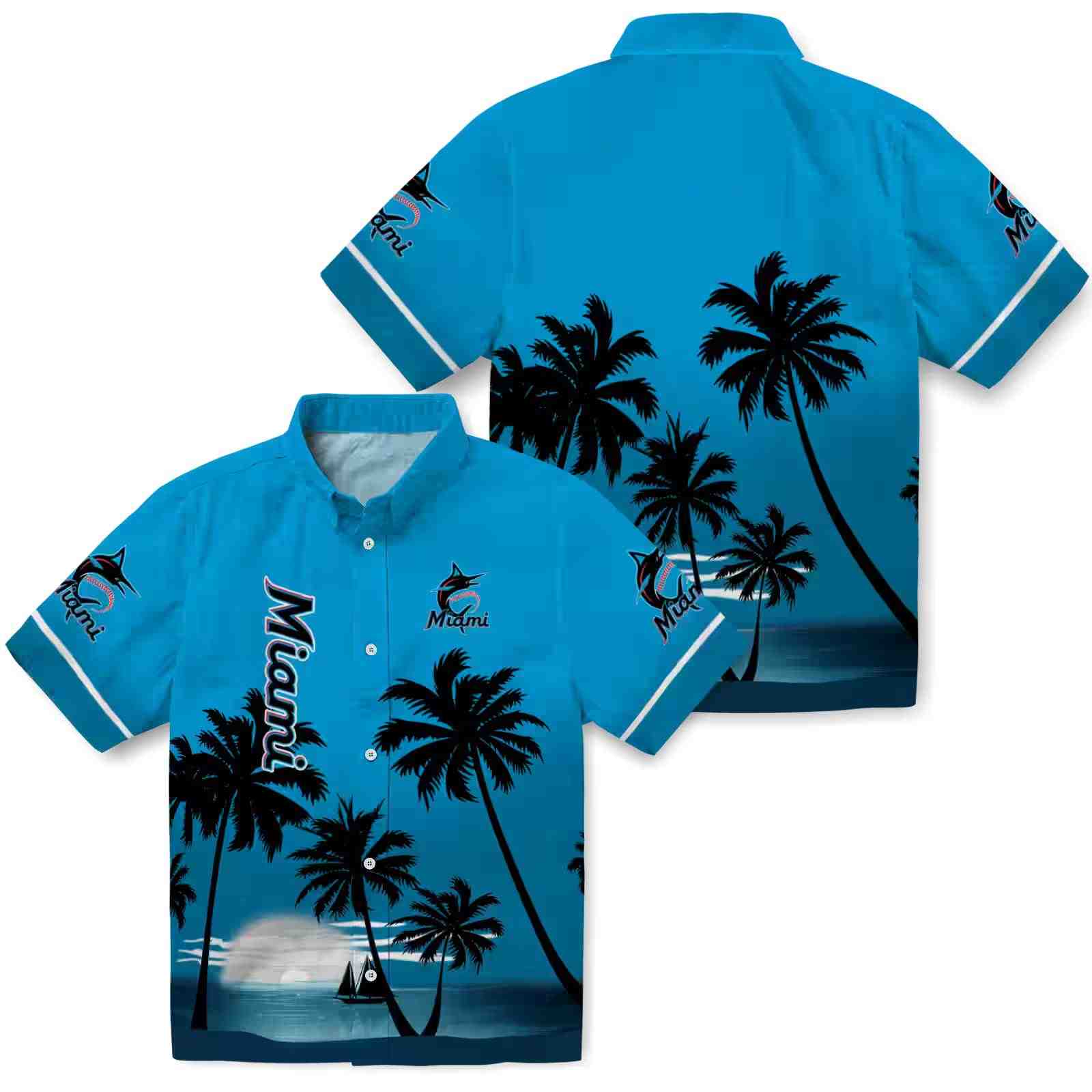 miami marlins beach sunset blue black hawaiian shirt high quality