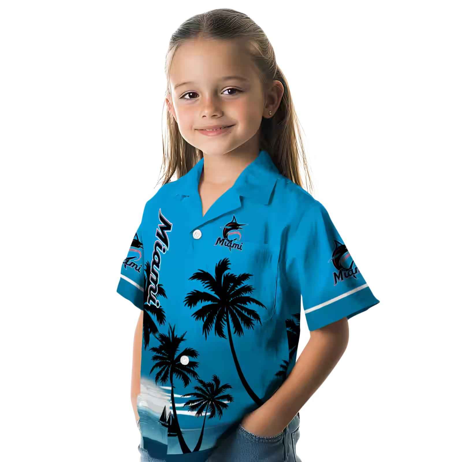 miami marlins beach sunset blue black hawaiian shirt premium grade