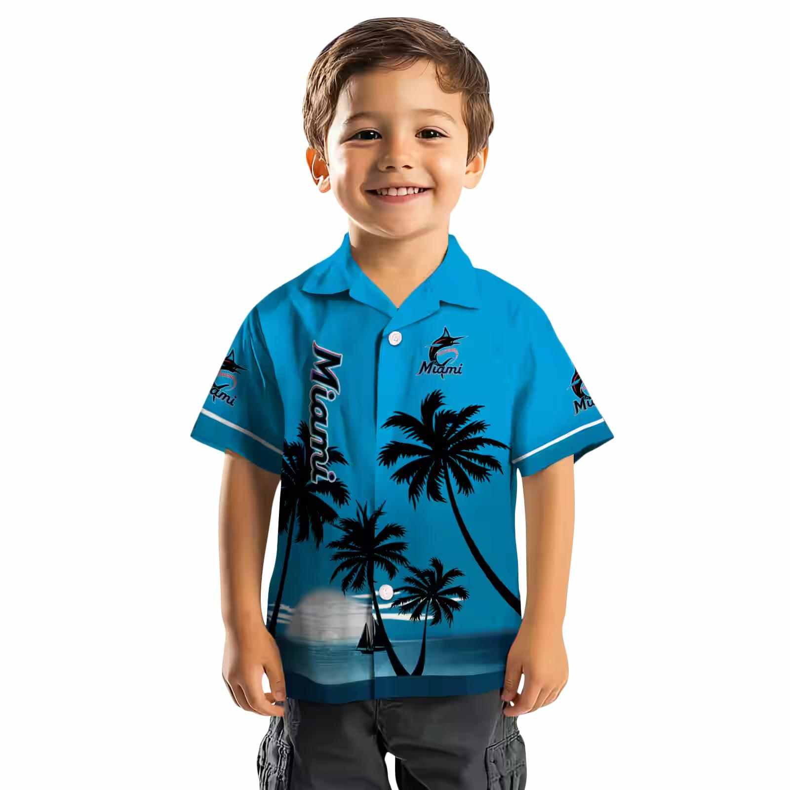 miami marlins beach sunset blue black hawaiian shirt top rated