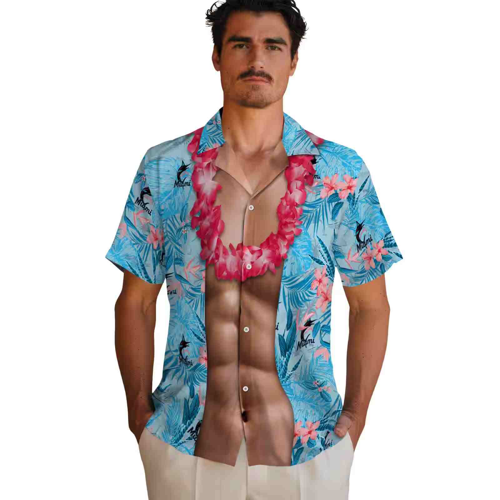 miami marlins chest illusion blue hawaiian shirt fashion forward