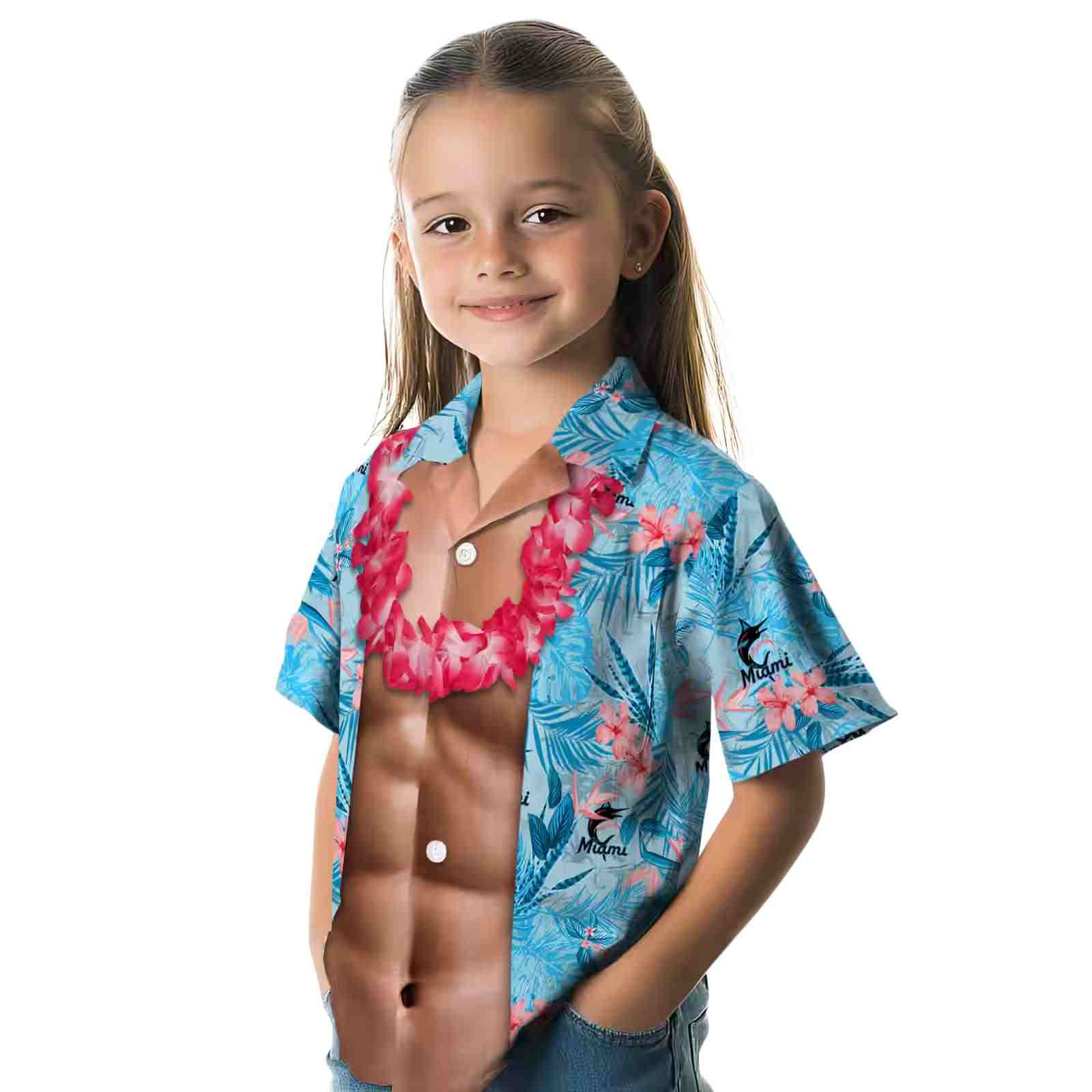 miami marlins chest illusion blue hawaiian shirt premium grade